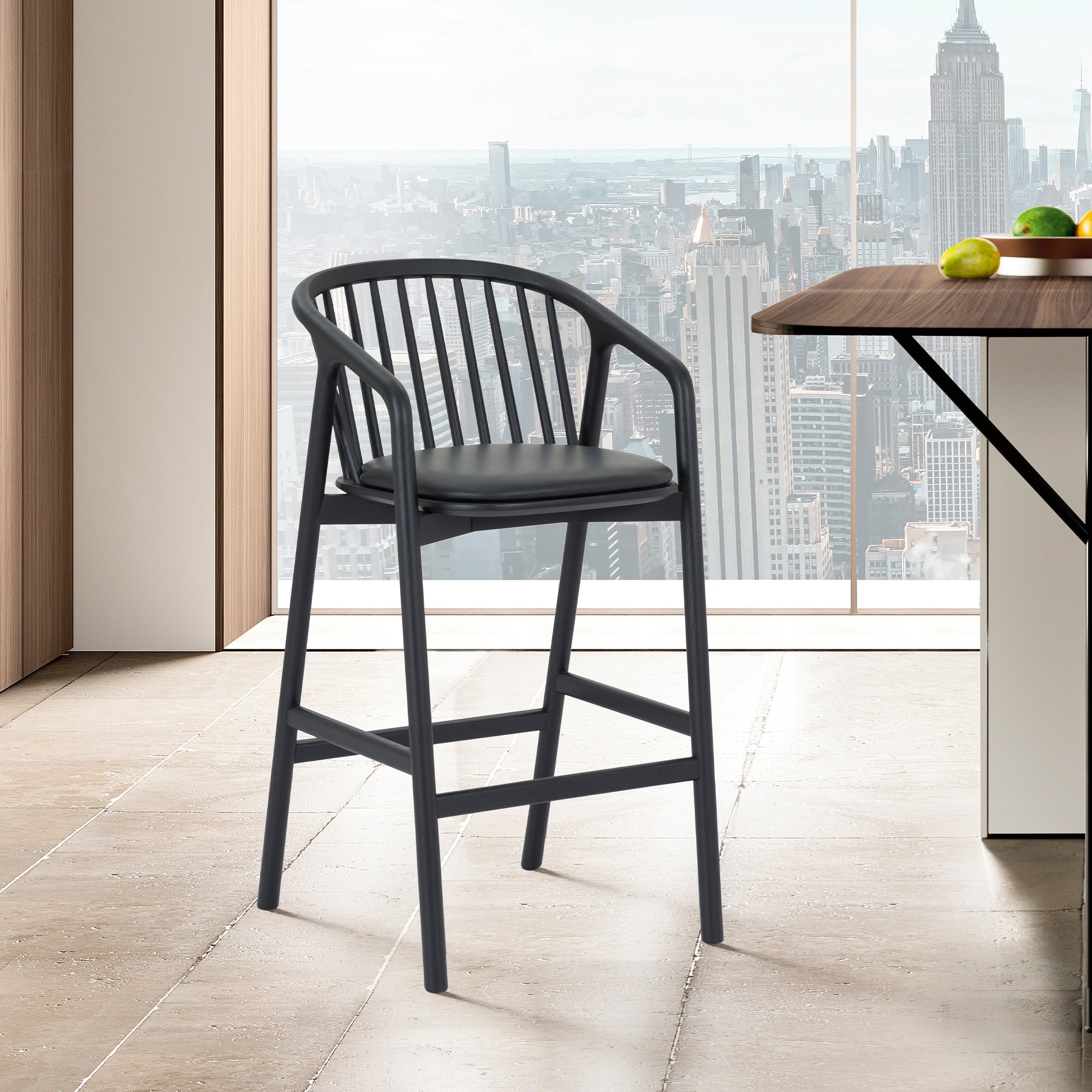 Roomfitters Echo 26 Inch Modern Black Solid Oak Wood Counter Stool Upholstered Black Faux Leather Pub Chair Fully Assembled
