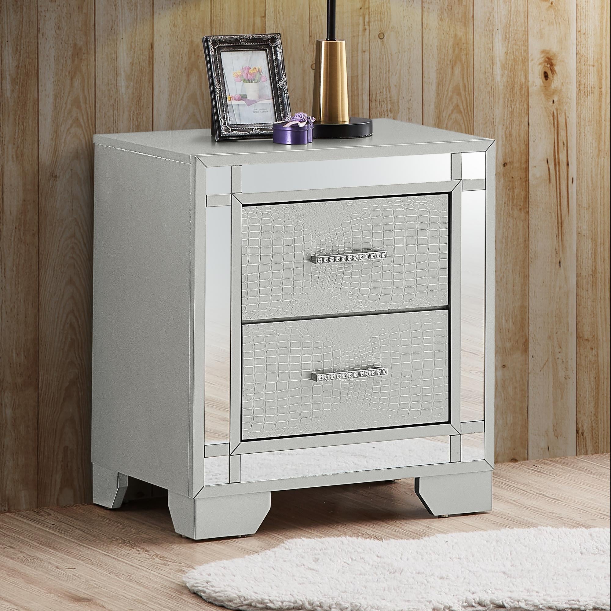 Roomfitters Elegant Silver Champagne Mirrored Nightstand Faux Leather Drawers 2 Drawer Glam Accent Table