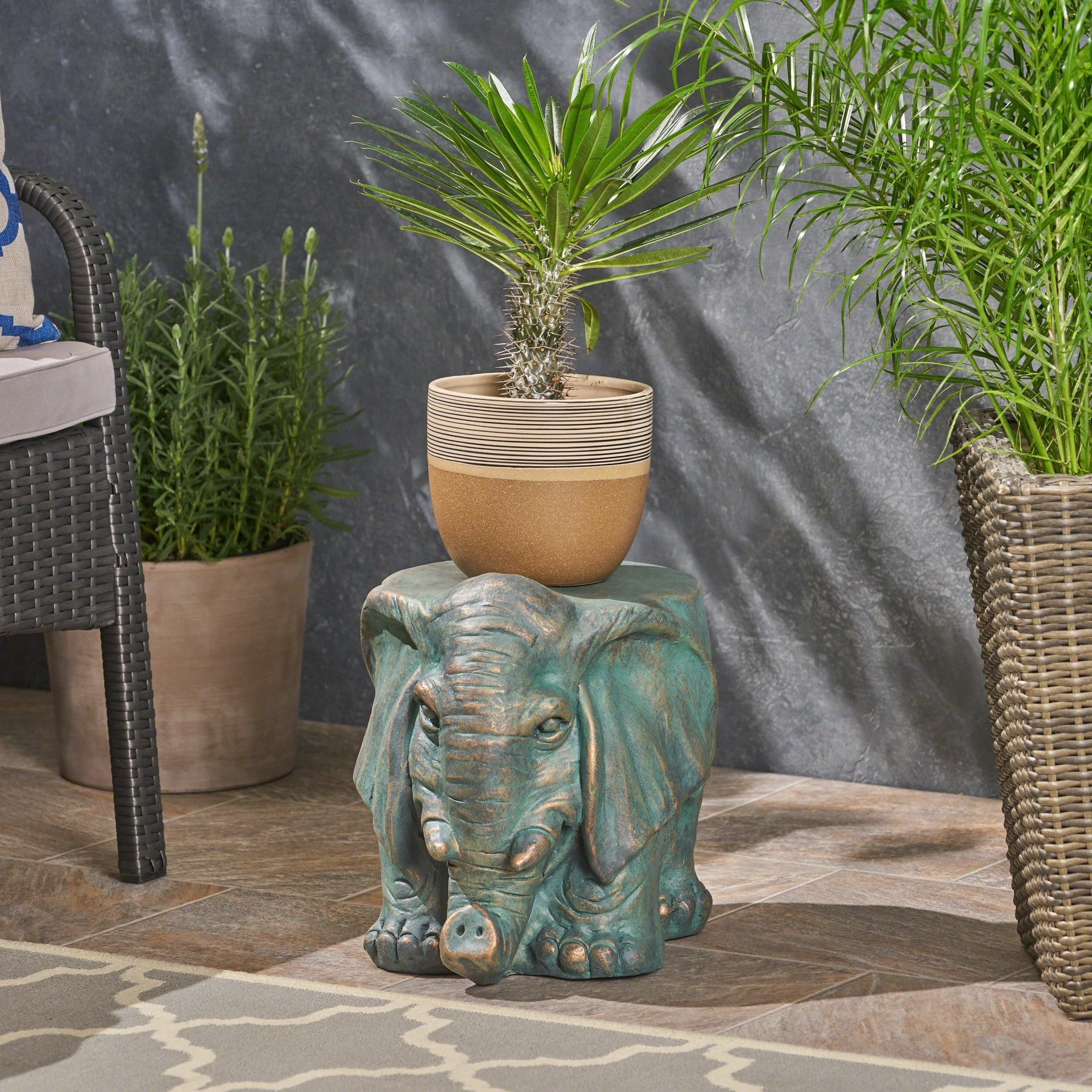 Roomfitters Elephant Garden Stool Weather Resistant Lightweight Concrete Decorative Accent Table Bronze
