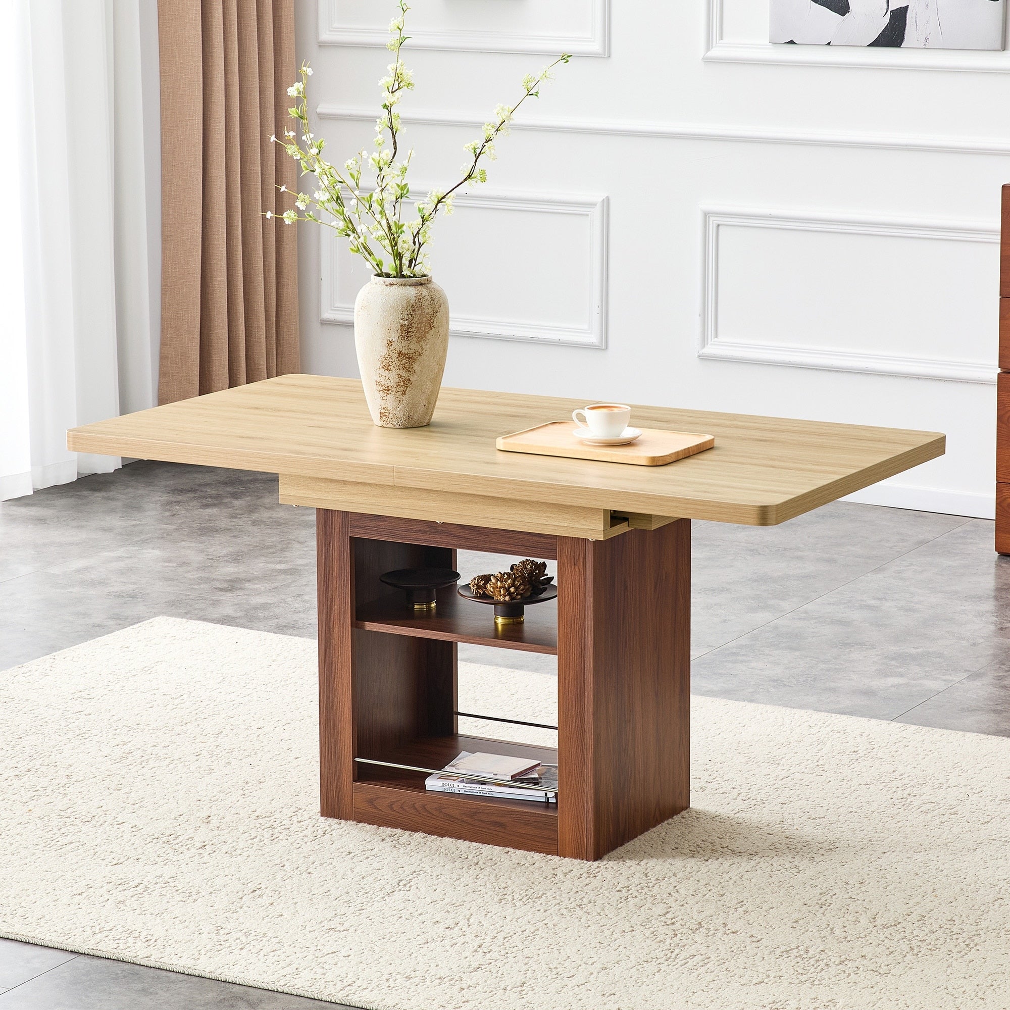 Roomfitters Expandable Rectangular Mdf Dining Table Storage Pedestal Base Walnut Two Tone Pull Out Table For 4 8