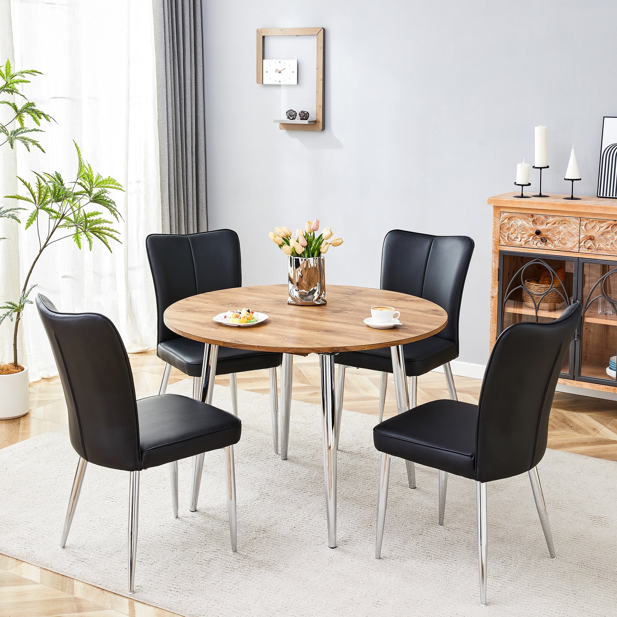 Roomfitters Expandable Round Mdf Dining Table Pu Chairs Wood Grain Pull Out Table Modern Seating
