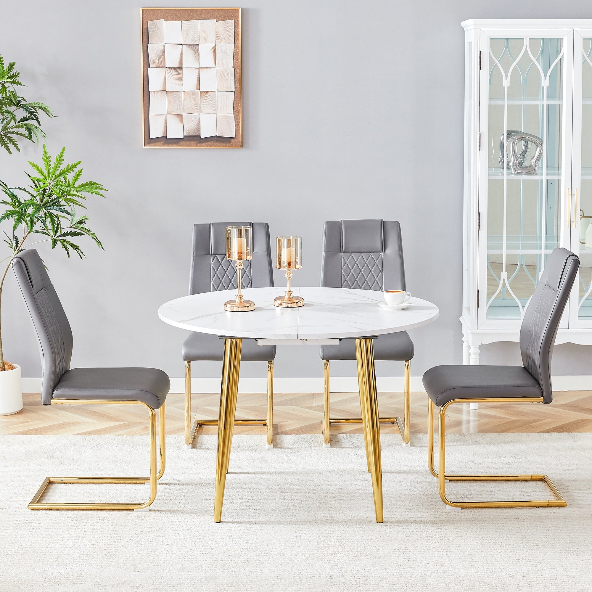 Roomfitters Extendable Round Mdf Dining Table Dark Gray Pu Chairs White Marble Pattern Pull Out Table
