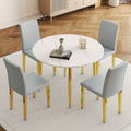 Roomfitters Extendable White Marble Patterned Dining Table Set 4 Light Gray Pu Chairs Gold Metal Leg Seating