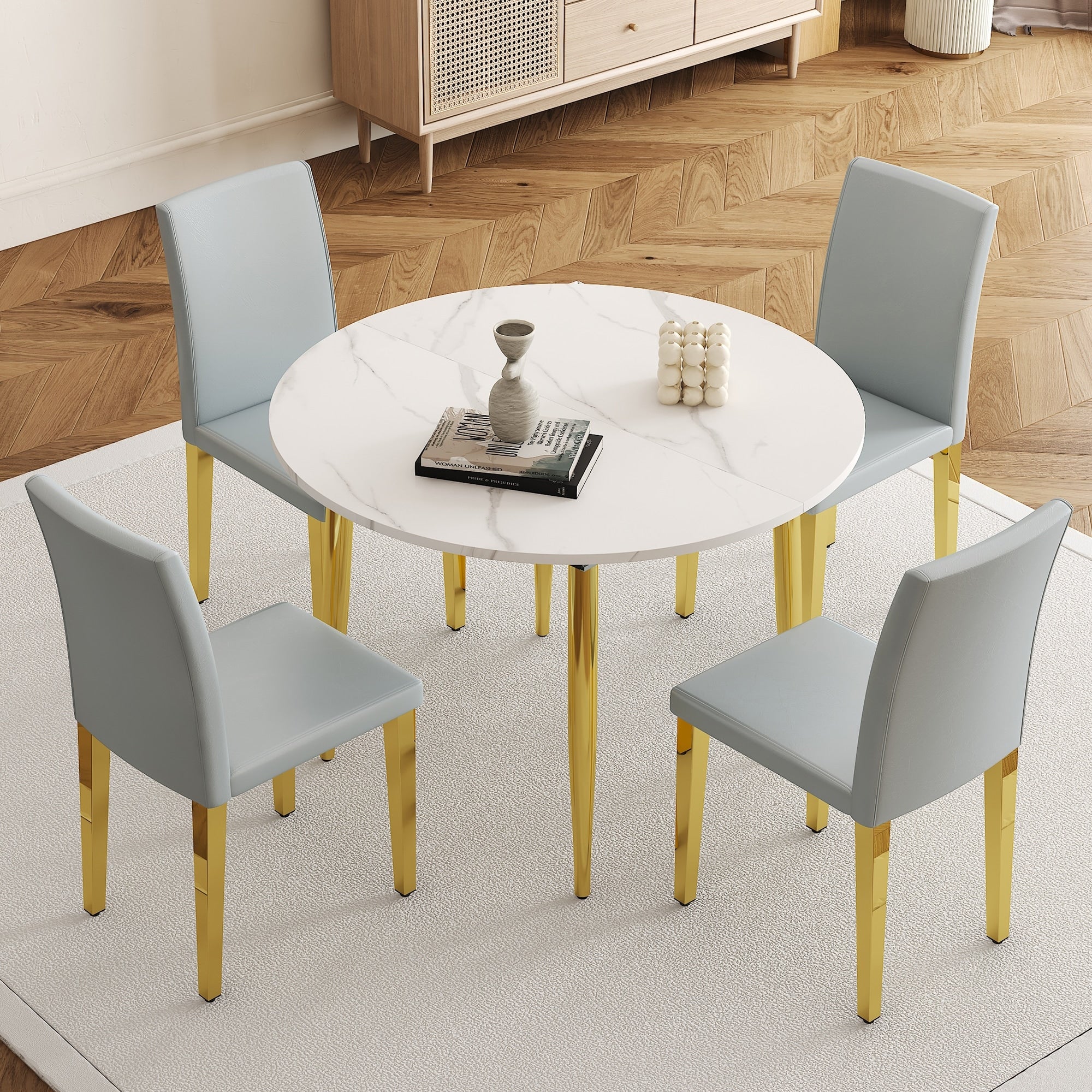 Roomfitters Extendable White Marble Patterned Dining Table Set 4 Light Gray Pu Chairs Gold Metal Leg Seating