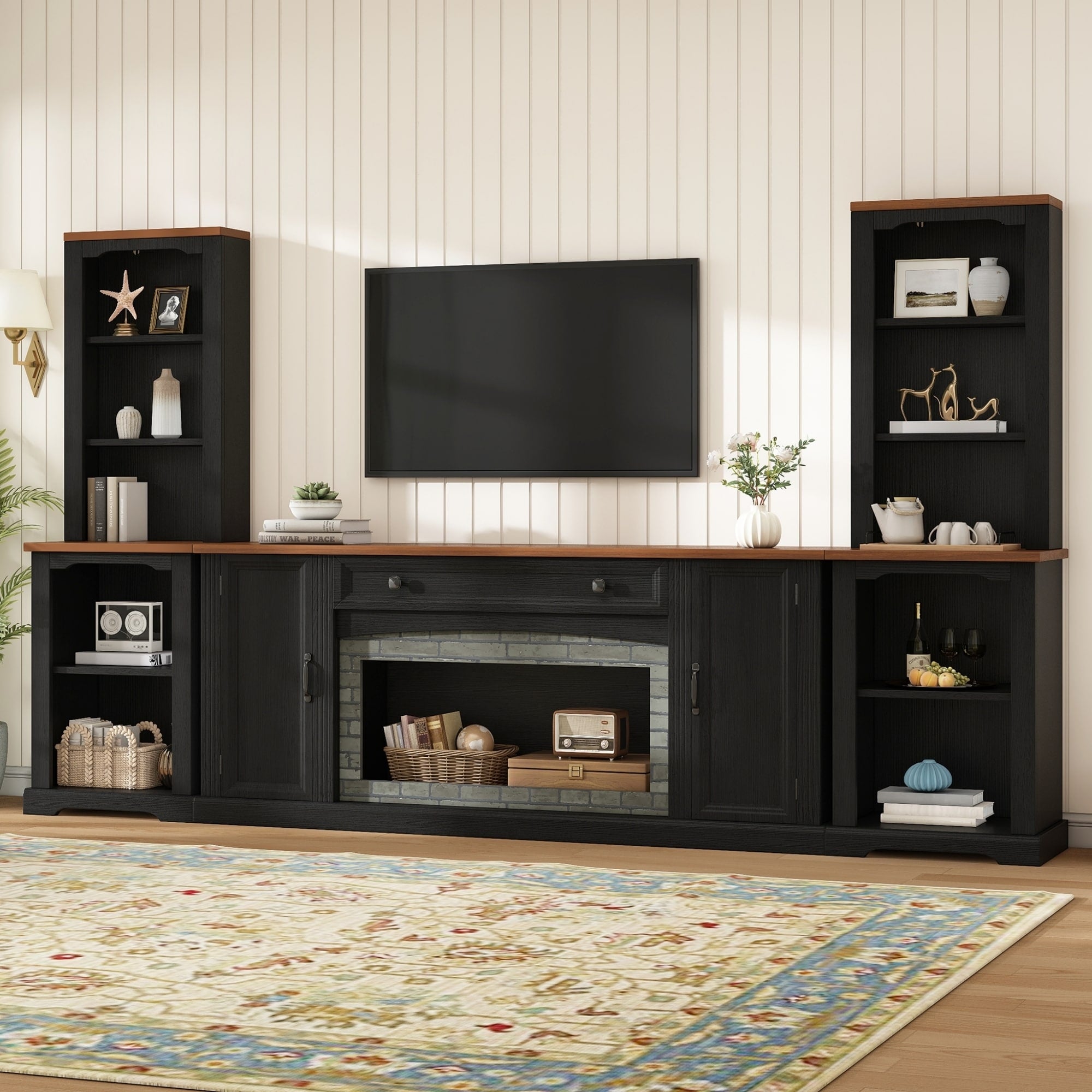 Roomfitters Farmhouse 3 Piece Tv Stand Set With Bookcase Piers And Center Storage Hutch For Living Room Media Center