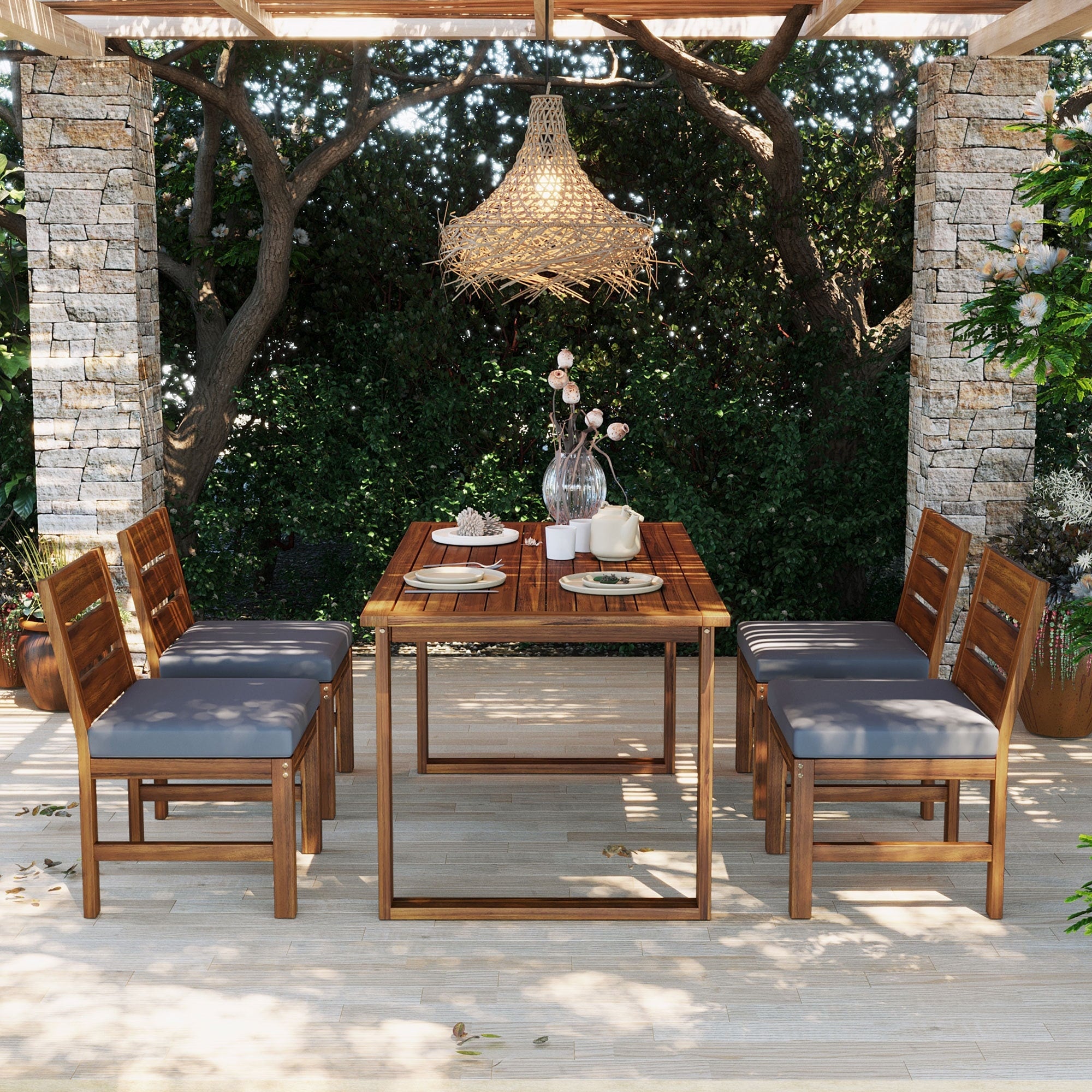Roomfitters Farmhouse 5 Piece Outdoor Dining Set For 4 Acacia Wood Table And Chair Pack Slatted