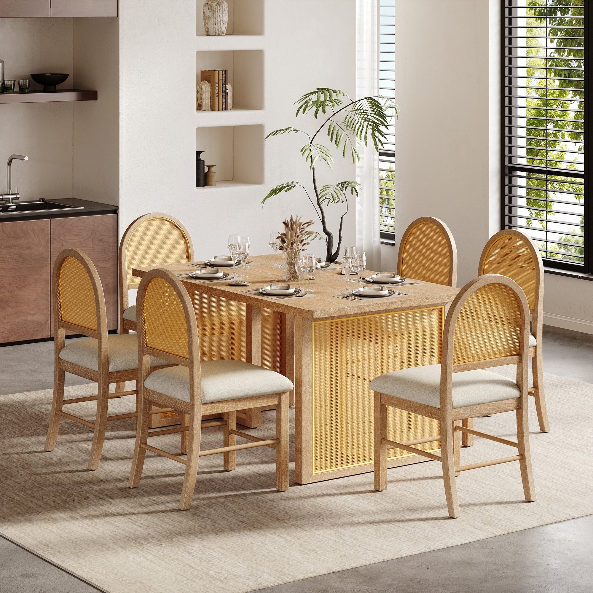 Roomfitters Farmhouse Rectangular Dining Table 6 Rattan Chairs 7 Piece Kitchen Furniture Set