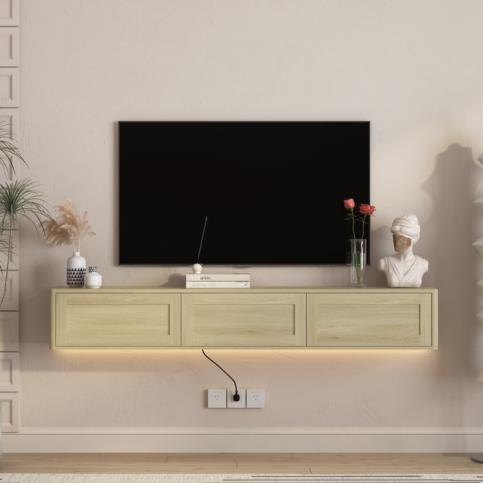 Roomfitters Floating Tv Stand With Outlets App Leds Geometric Wall Mounted Media Console Entertainment Center