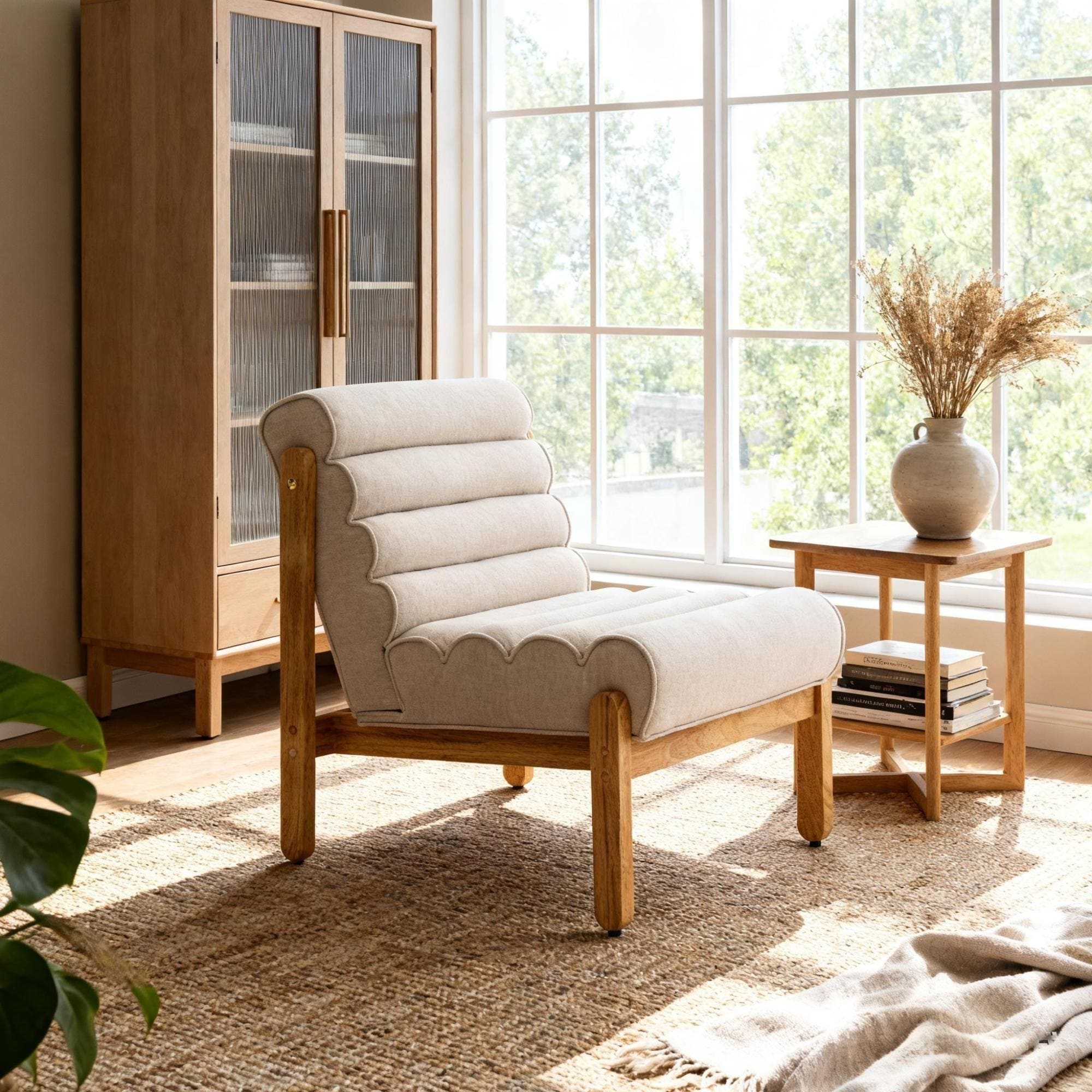 Roomfitters Fluffy Accent Chair Tiered Shearling Armchair Natural Solid Wood Frame Ergonomic Lounge