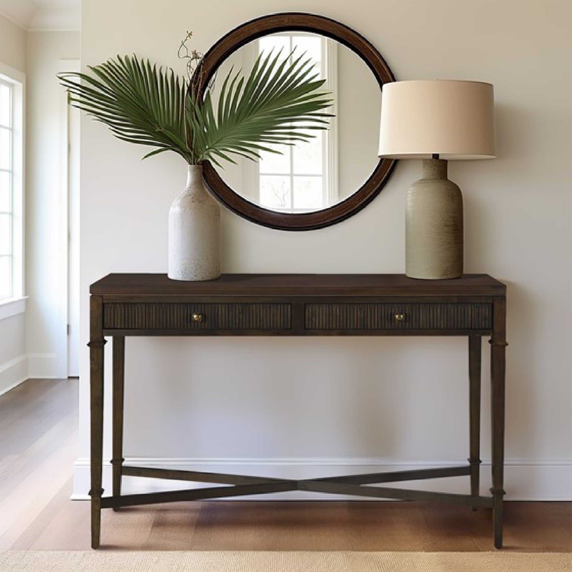Roomfitters Fluted 2 Drawer Storage Console Table Dark Brown Wood Veneer Entryway Accent Hall Table With Brass Hardware
