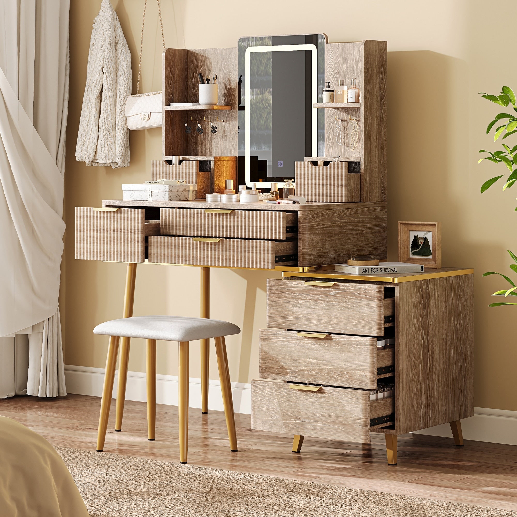 Roomfitters Fluted Vanity Desk With Led Mirror Makeup Dressing Table With Jewelry Storage And Stool Yellow Brown