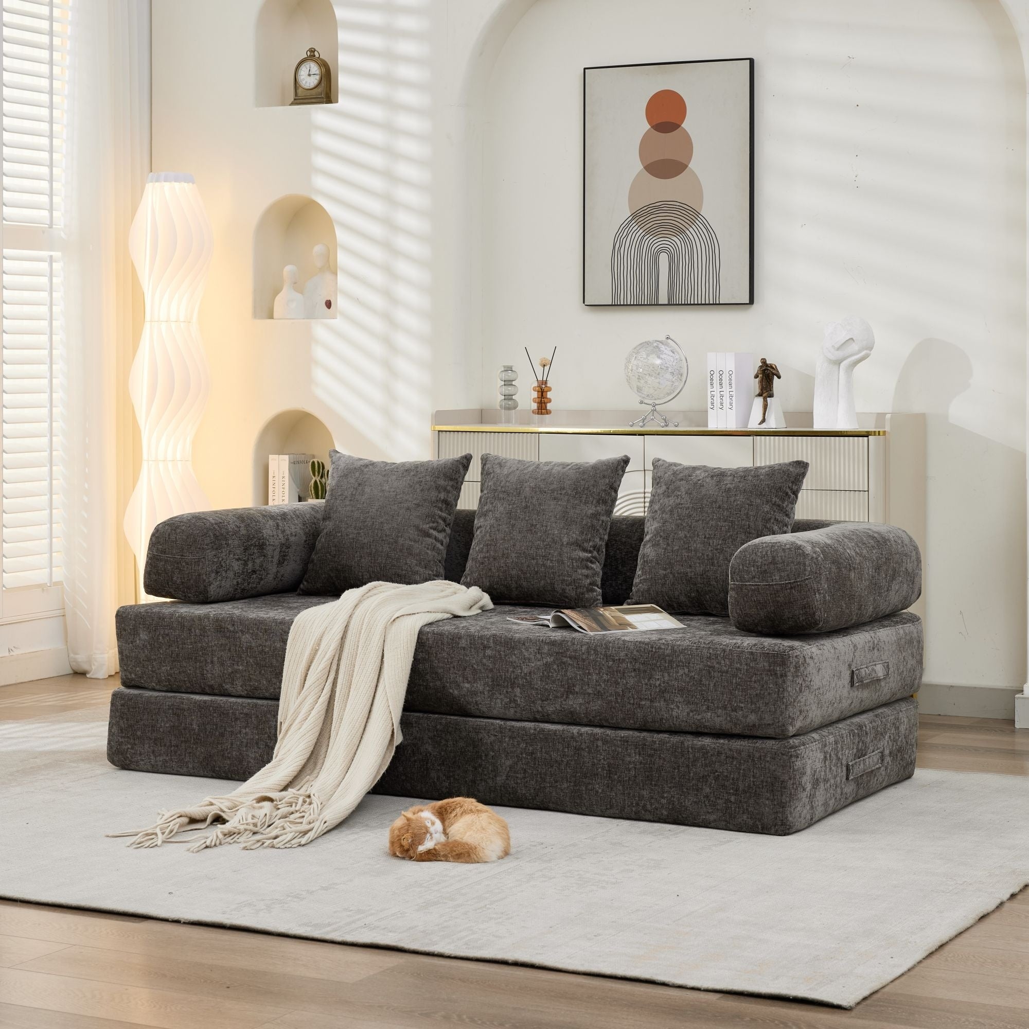 Roomfitters Folding Sofa Bed With 3 Pillows Convertible Floor Lounger Sleeper Couch For Living Room And Guest Room