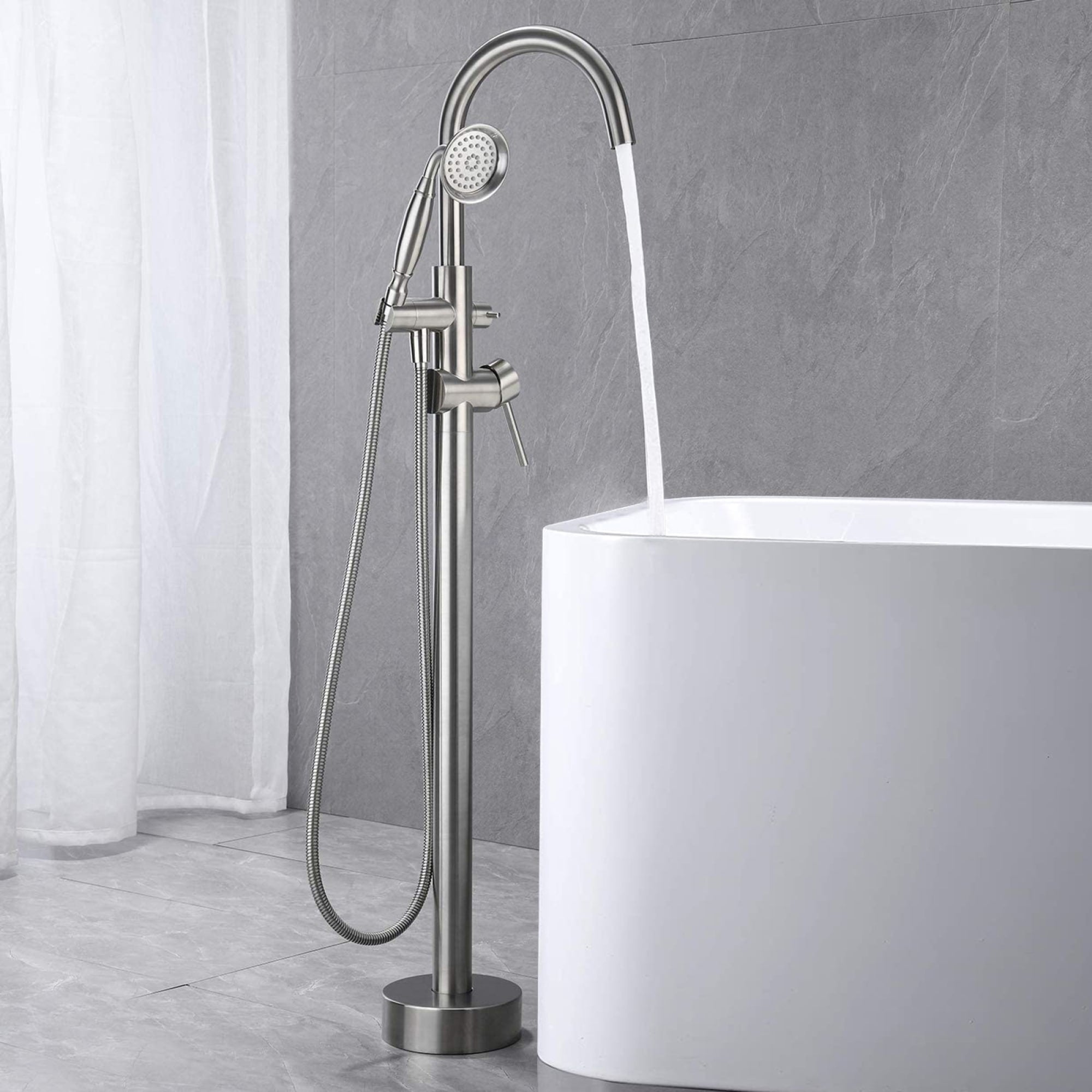 Roomfitters Freestanding Bathtub Faucet Floor Mount Tub Filler With Handheld Shower And Swivel Gooseneck Spout Brushed Nickel