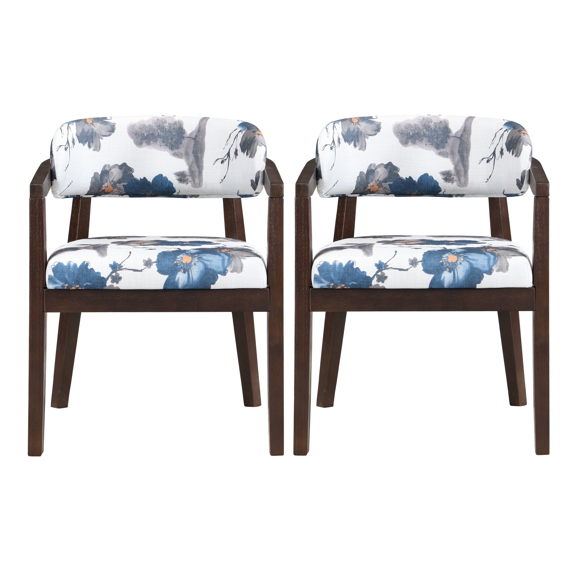 Roomfitters French Blue Floral Dining Armchairs Set Of 2 Espresso Iron Base Chairs U Shaped Open Back Seating