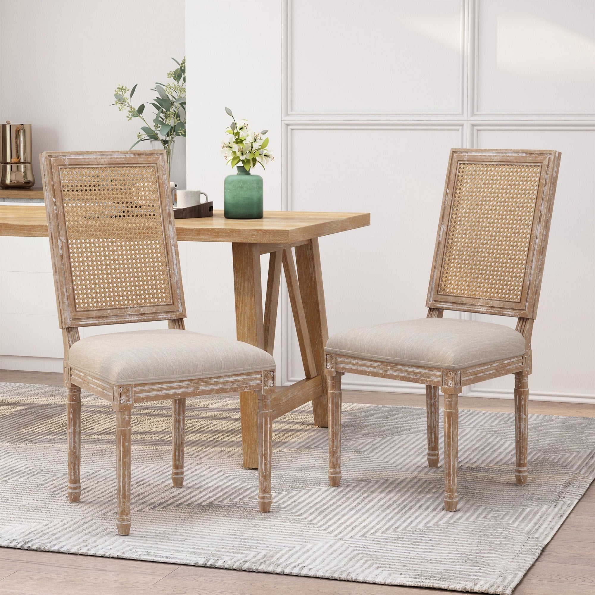 Roomfitters French Country Cane Back Dining Chairs Set Of 2 Upholstered Side Chairs Fluted Legs Beige Seating