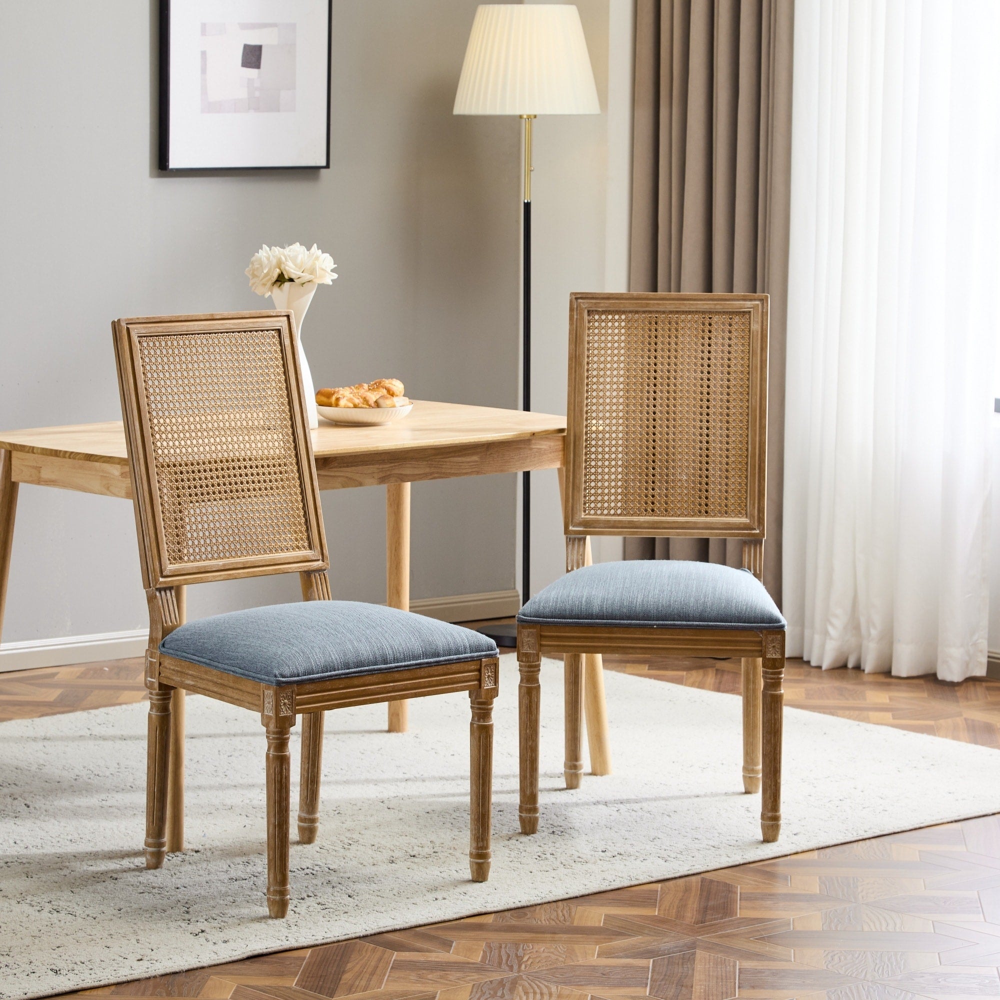Roomfitters French Country Dining Chairs Set Of 2 Cane Backrest Seating Padded Kitchen Chairs Weathered