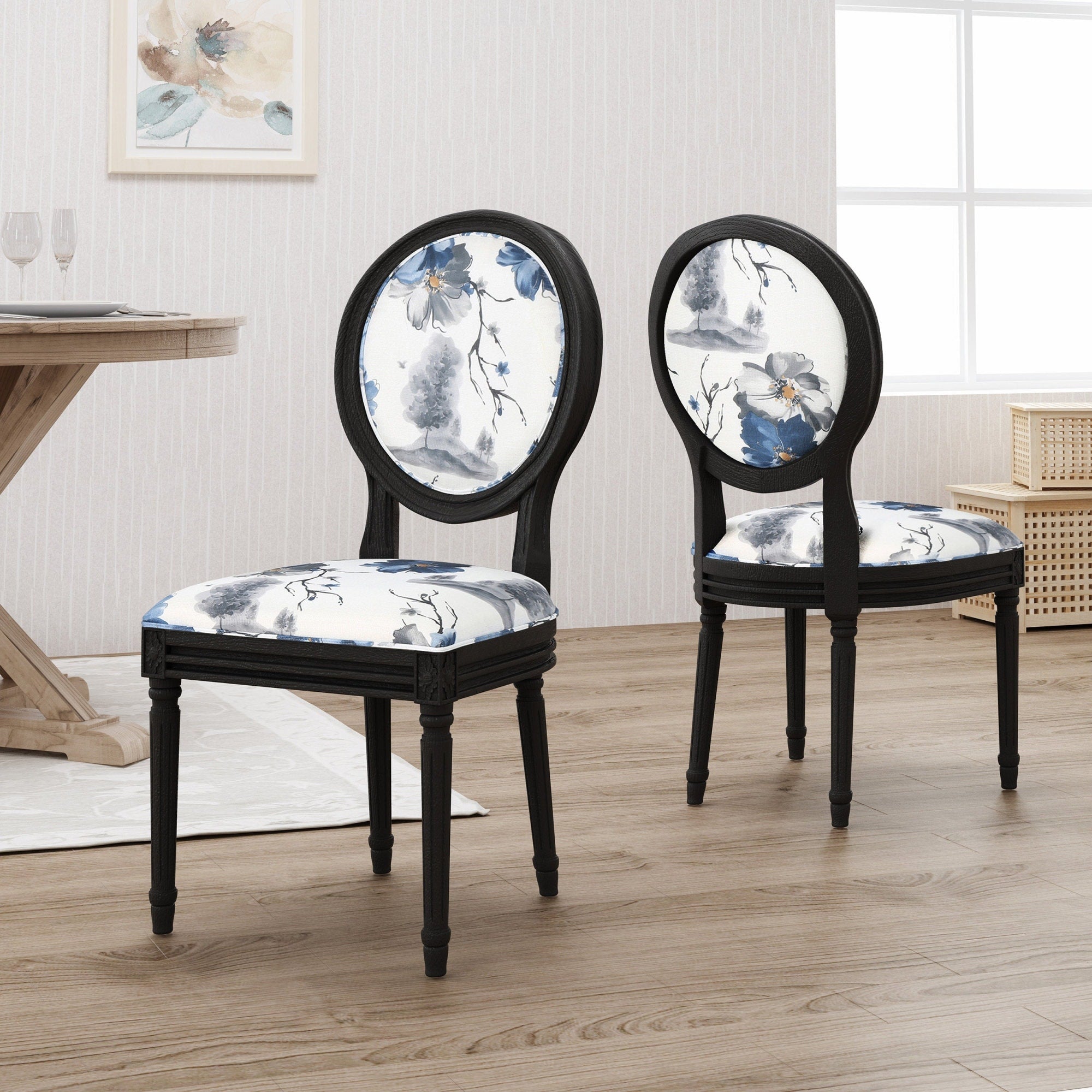 Roomfitters French Country Louis Xvi Floral Dining Chairs Set Of 2 Round Back Blue Botanical Matte Black Legs