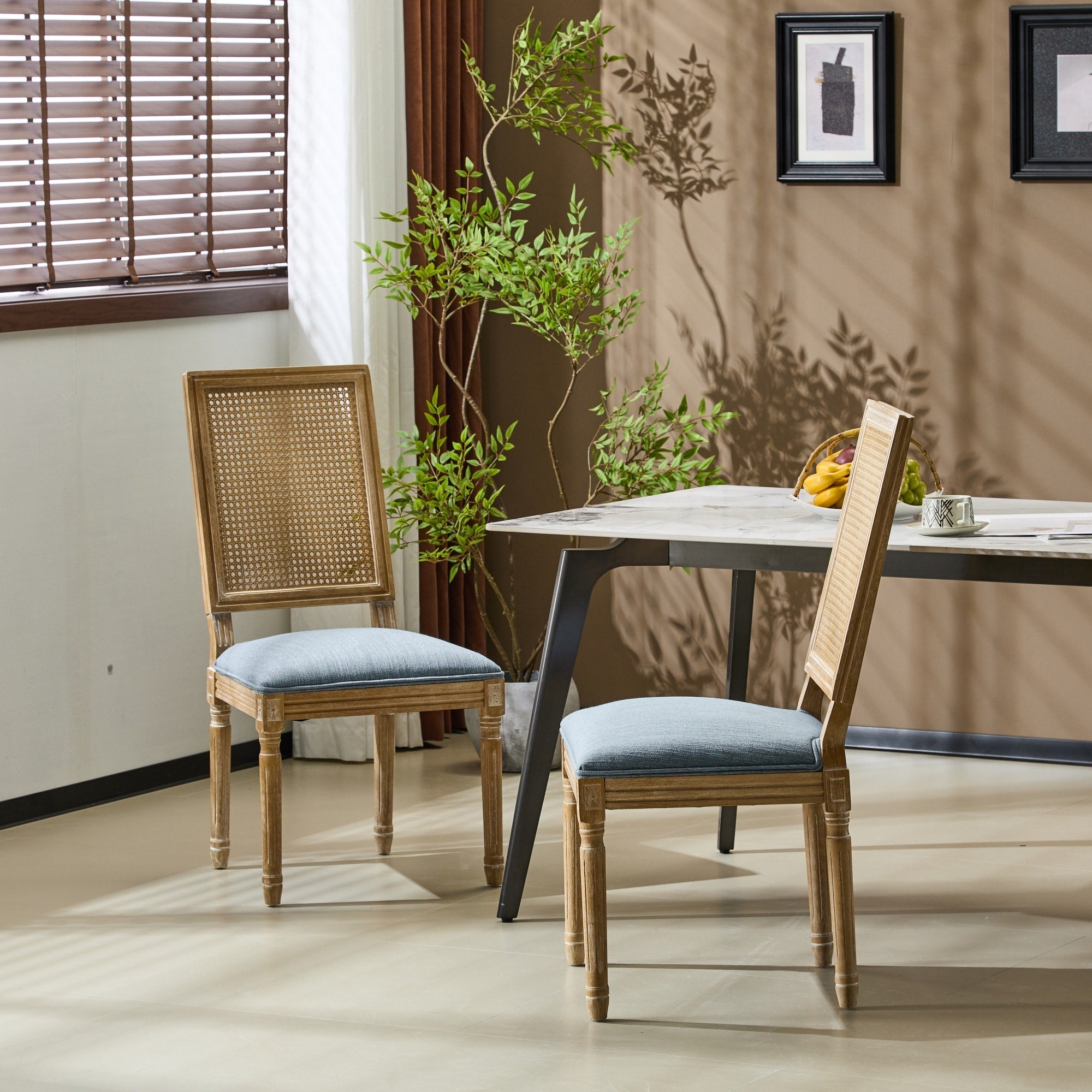 Roomfitters French Country Slate Blue Dining Chairs Cane Backrest Seating Padded Kitchen Chairs