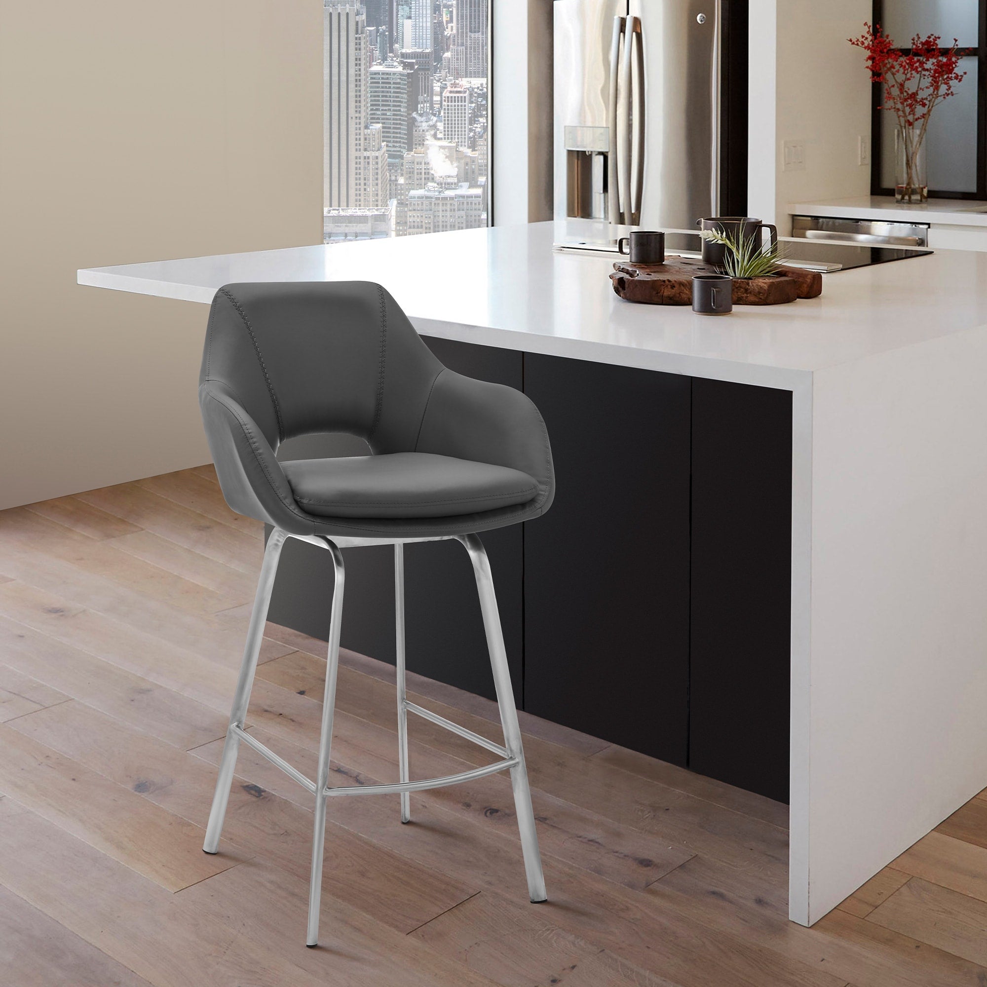 Roomfitters Freya 30 Inch Modern Swivel Bar Stool With Armrests Faux Leather Seat Brushed Stainless Steel Metal Legs