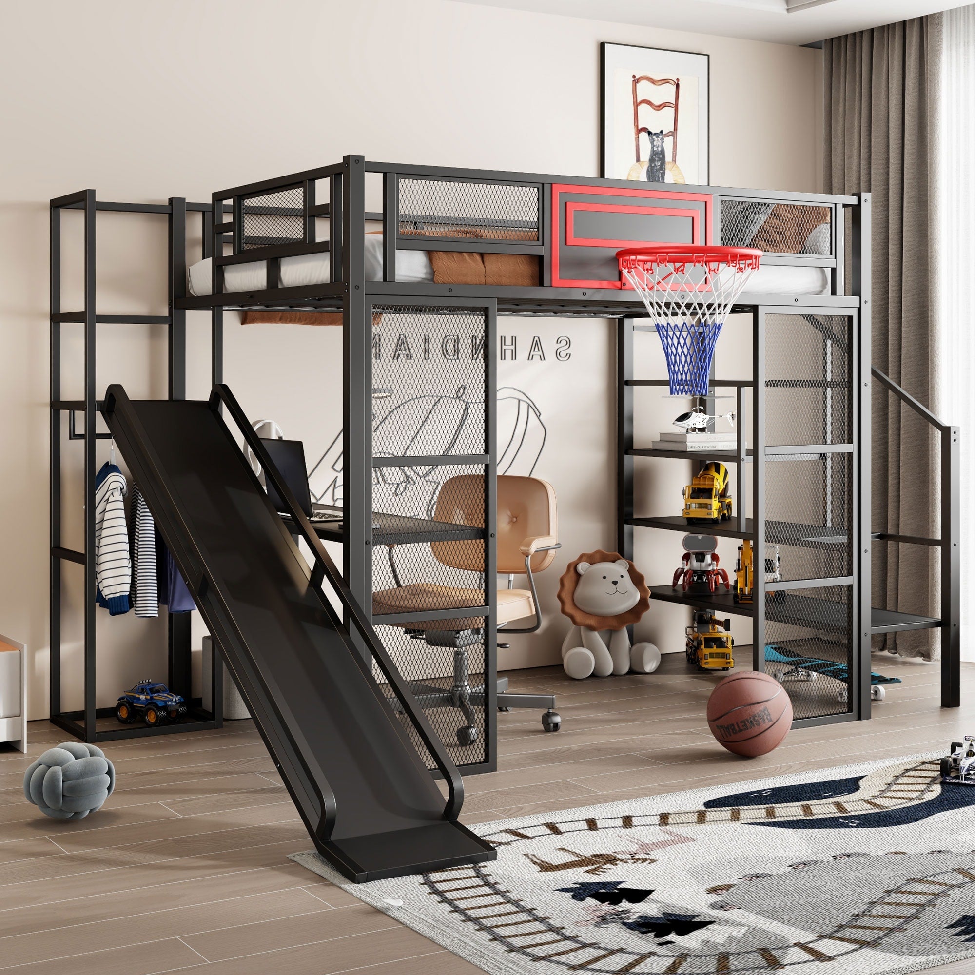 Roomfitters Full Metal Loft Bed With Slide Desk Wardrobe And Basketball Hoop Black