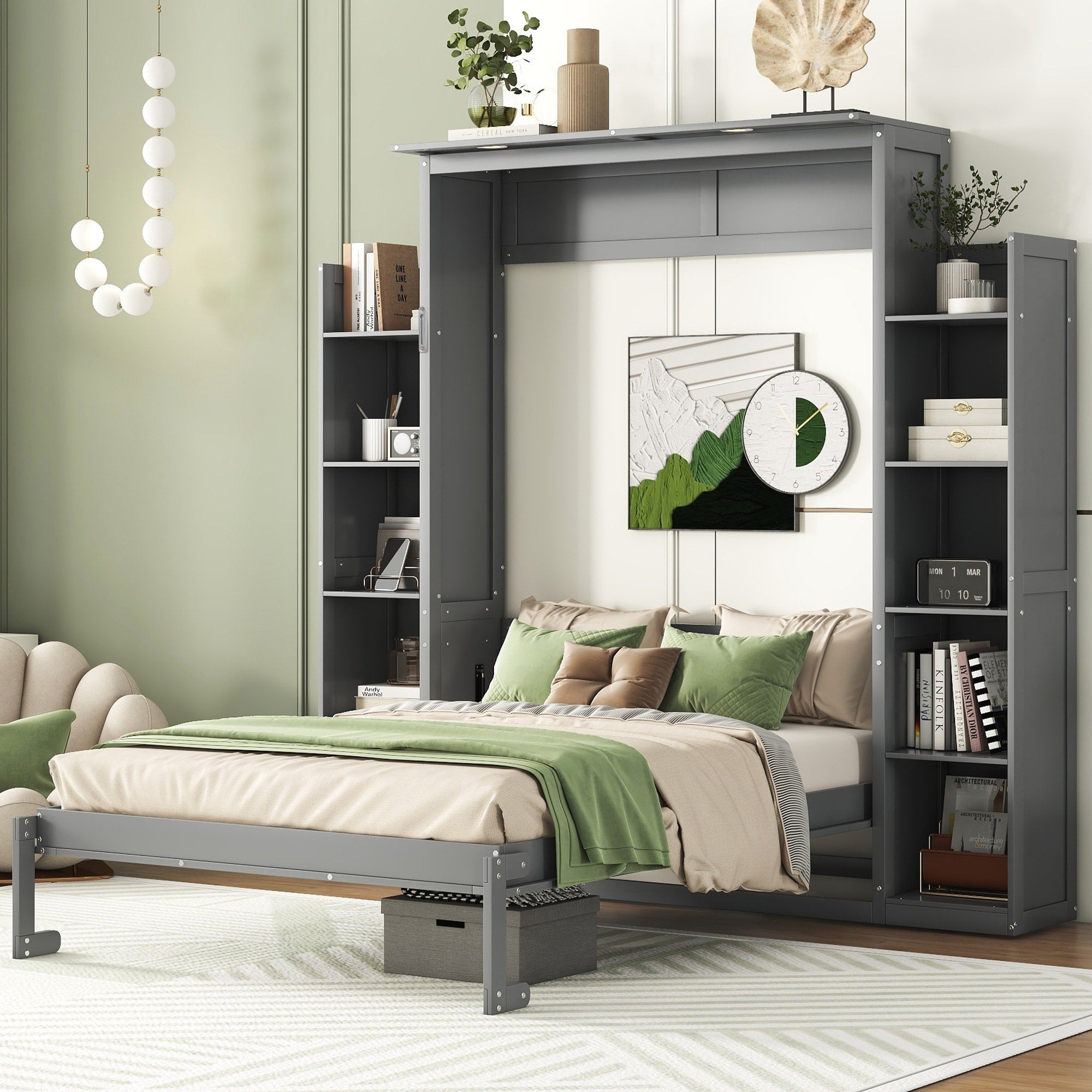 Roomfitters Full Murphy Bed Dual 5 Tier Bookcase Shelving Led Lighting Wall Bed With Dual Piston System Slats Set