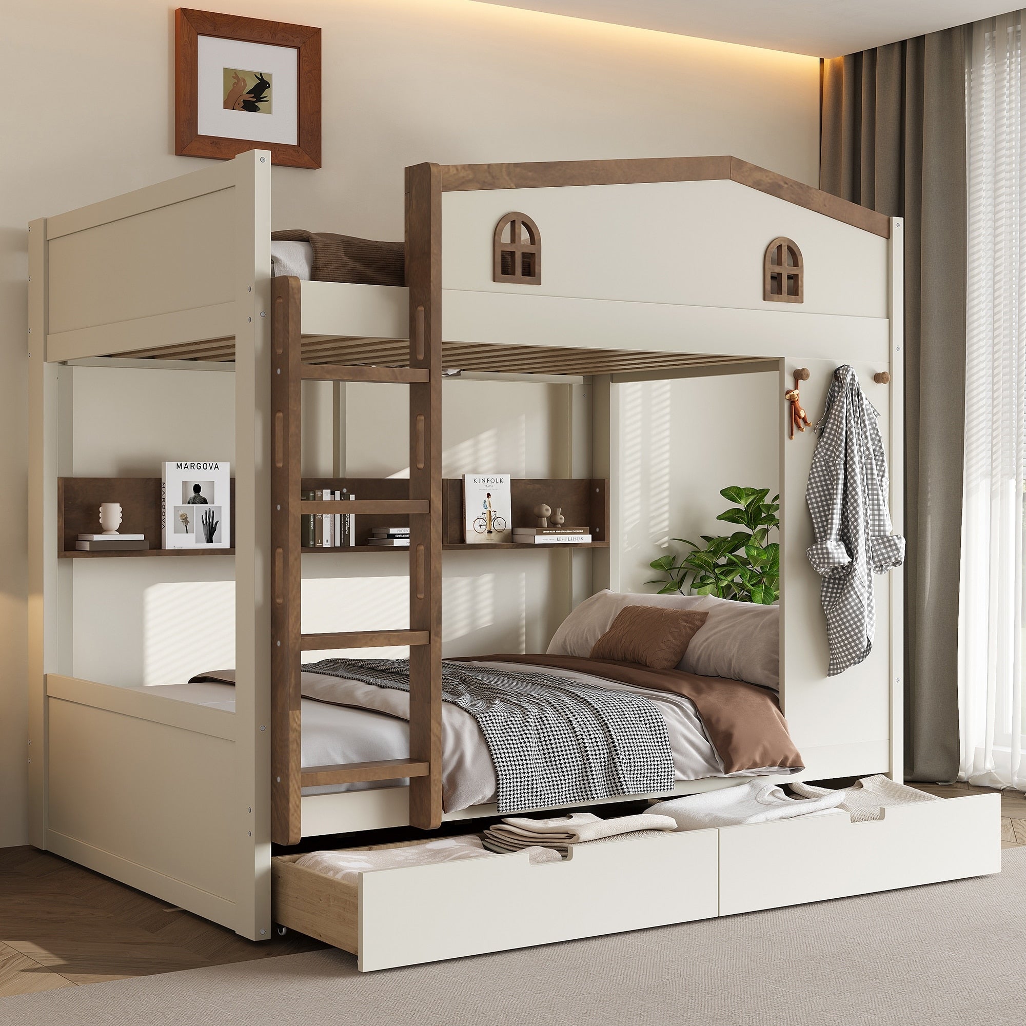 Roomfitters Full Over Full Solid Wood Bunk Bed Storage Units Triple Tier Bookshelf Side Hooks Beige Natural Bed Frame