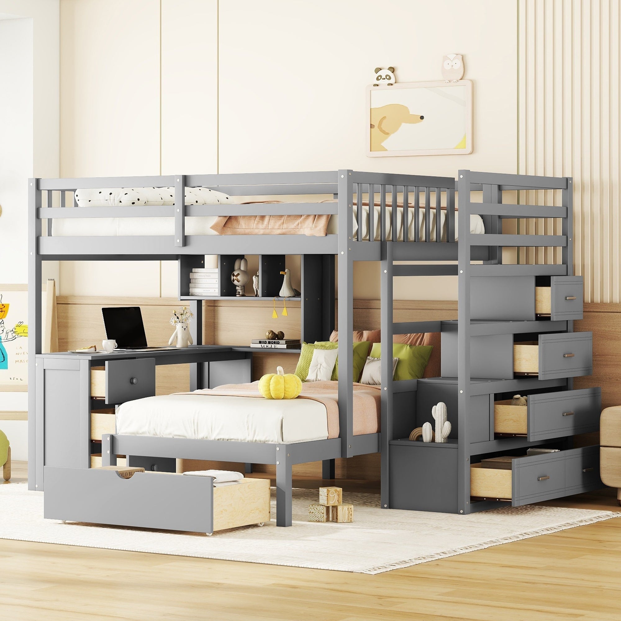 Roomfitters Full Over Twin Wood Bunk Bed Study Desk 8 Storage Suite Space Saving Bed Frame Bookshelves Staircase Set