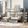 Roomfitters Full Over Twin Twin Triple Bunk Bed Storage Stairway Under Bed Units Grey Wood Sleeper Guardrails Steps