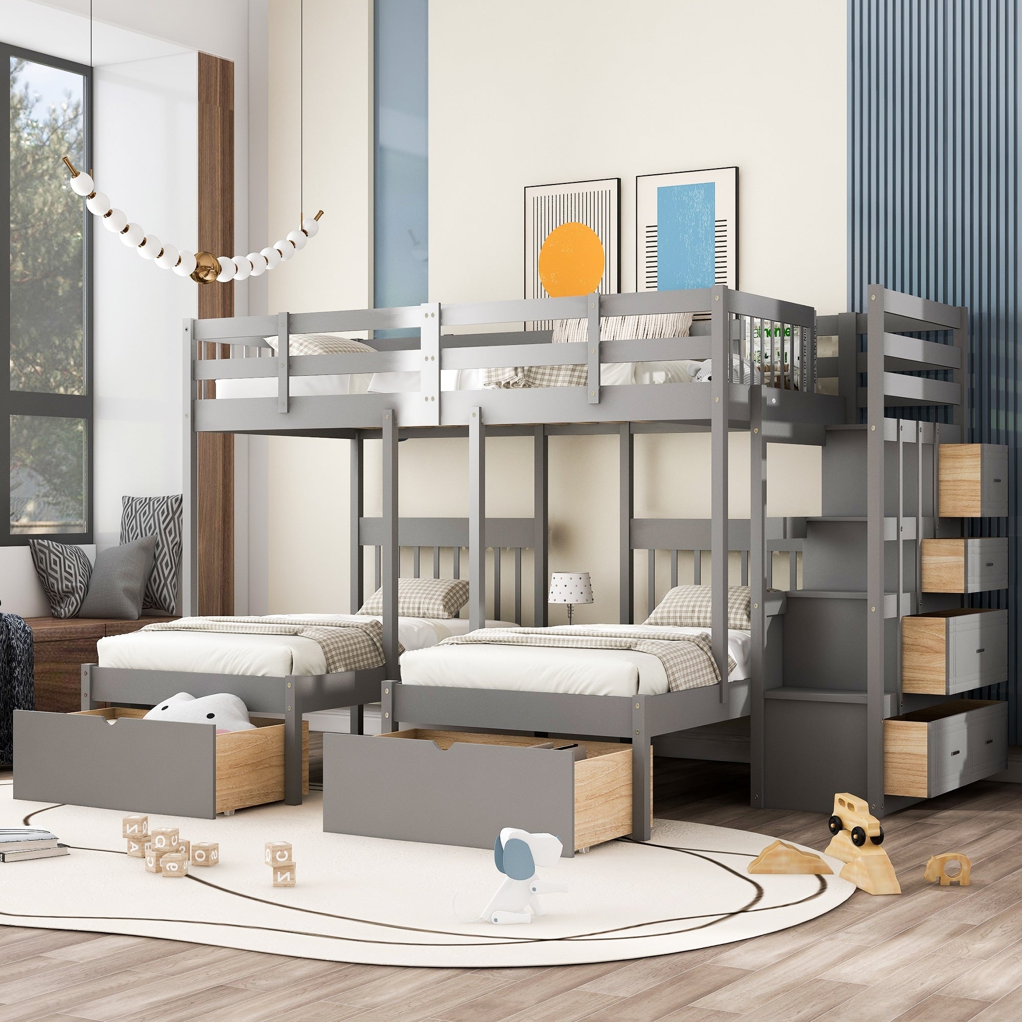 Roomfitters Full Over Twin Twin Triple Bunk Bed Storage Stairway Under Bed Units Grey Wood Sleeper Guardrails Steps