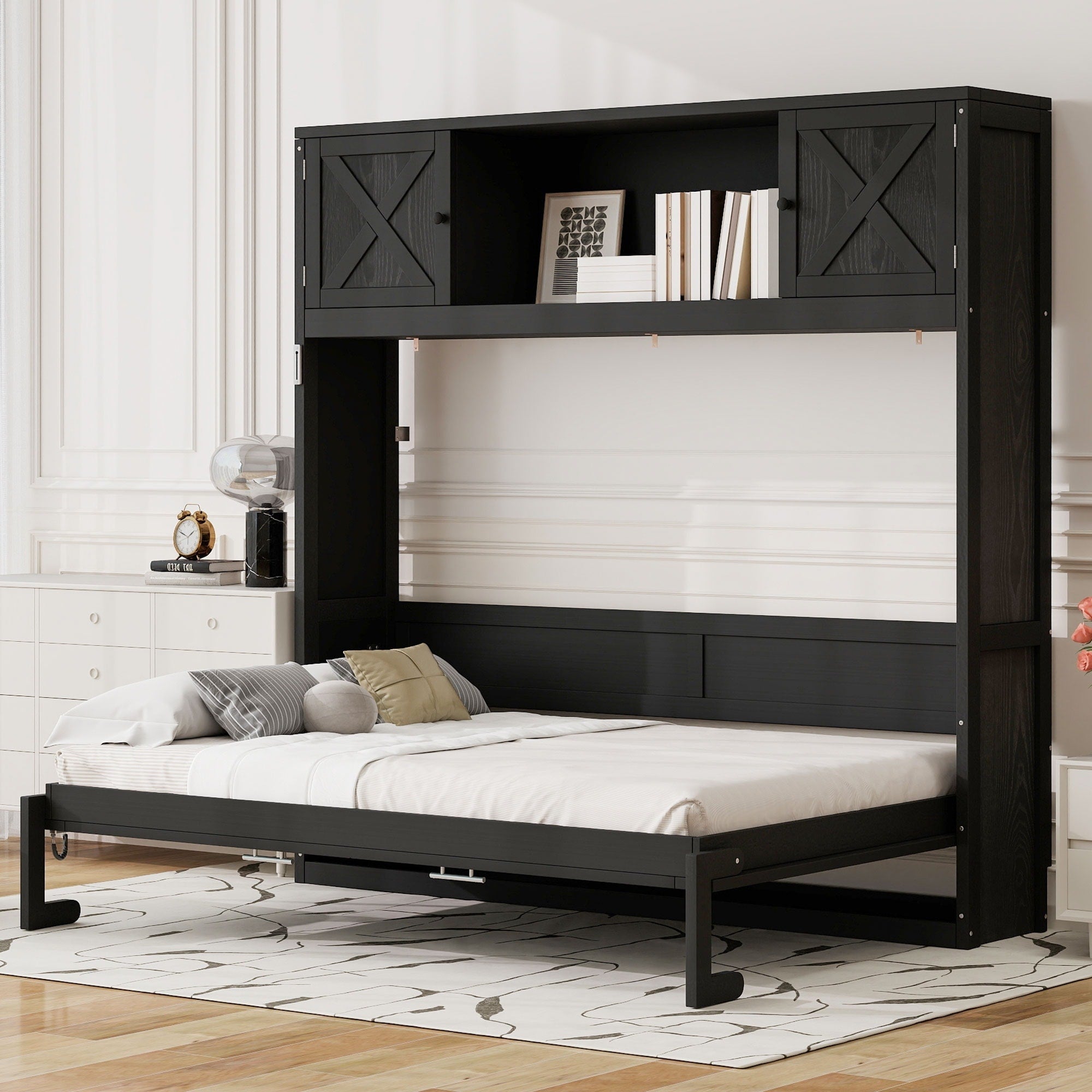 Roomfitters Full Queen Size Murphy Bed With Storage Cabinets Shelves And Rustic X Shape Design