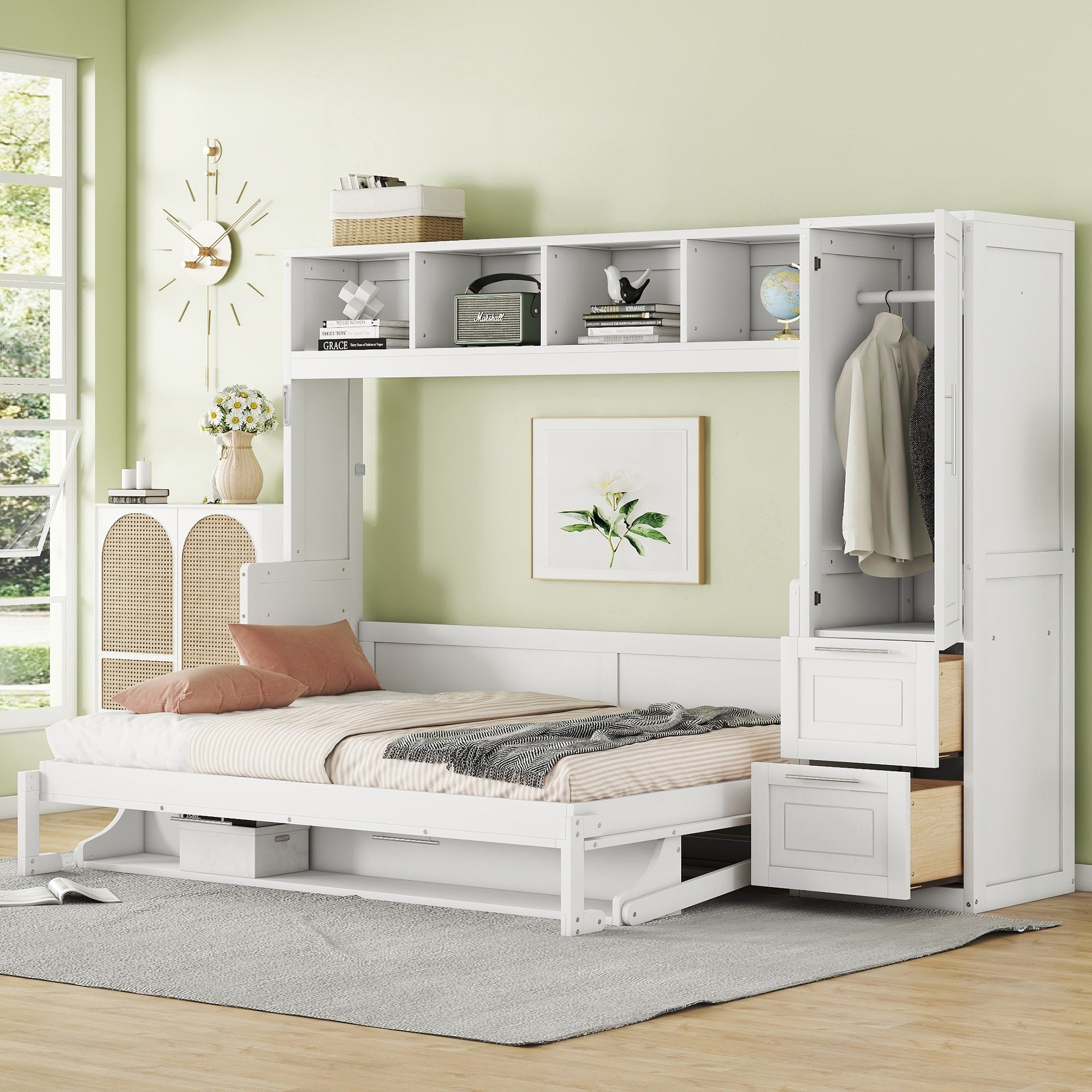Roomfitters Full Side Folding Murphy Bed With Wardrobe White Wall Bed With Storage Units Bookcase For Studio Apartments