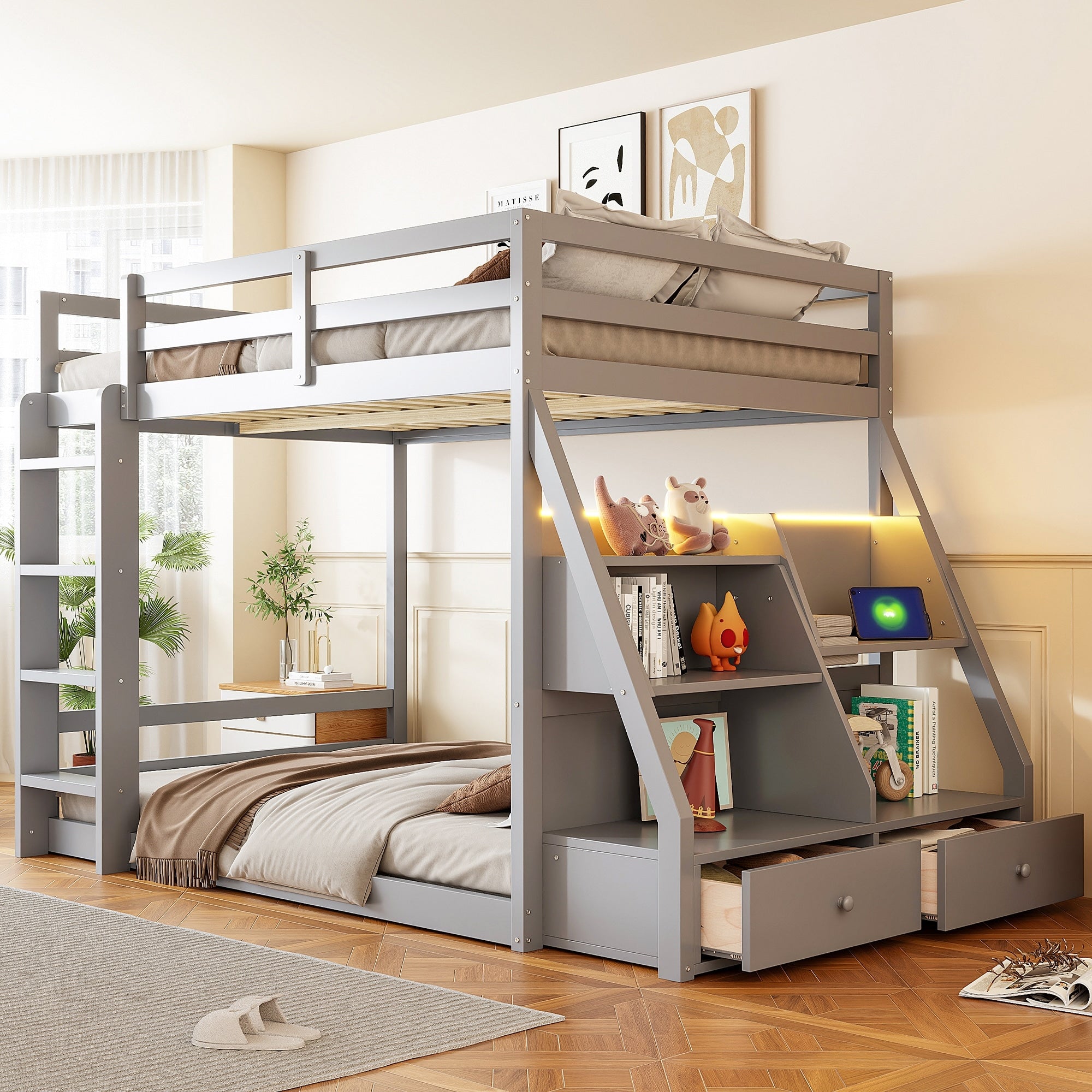 Roomfitters Full Size Bunk Bed With Storage Shelves Modern Wood Low Profile Frame With Led Lights Drawers