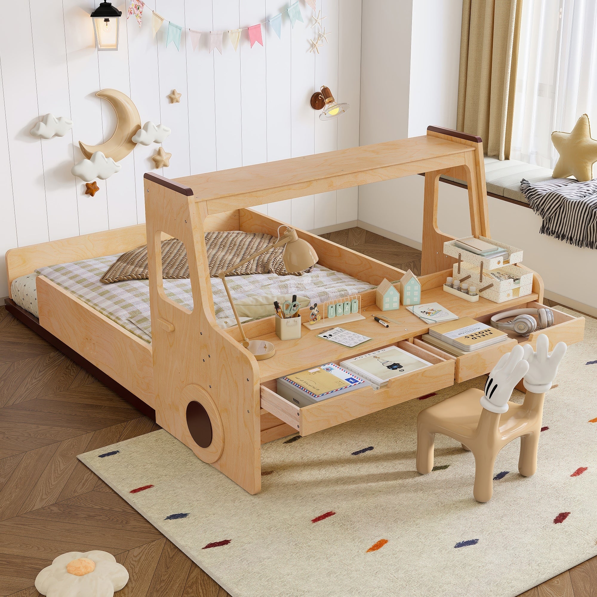 Roomfitters Full Size Car Shaped Floor Bed With Storage Drawers And Built In Desk Wood Frame