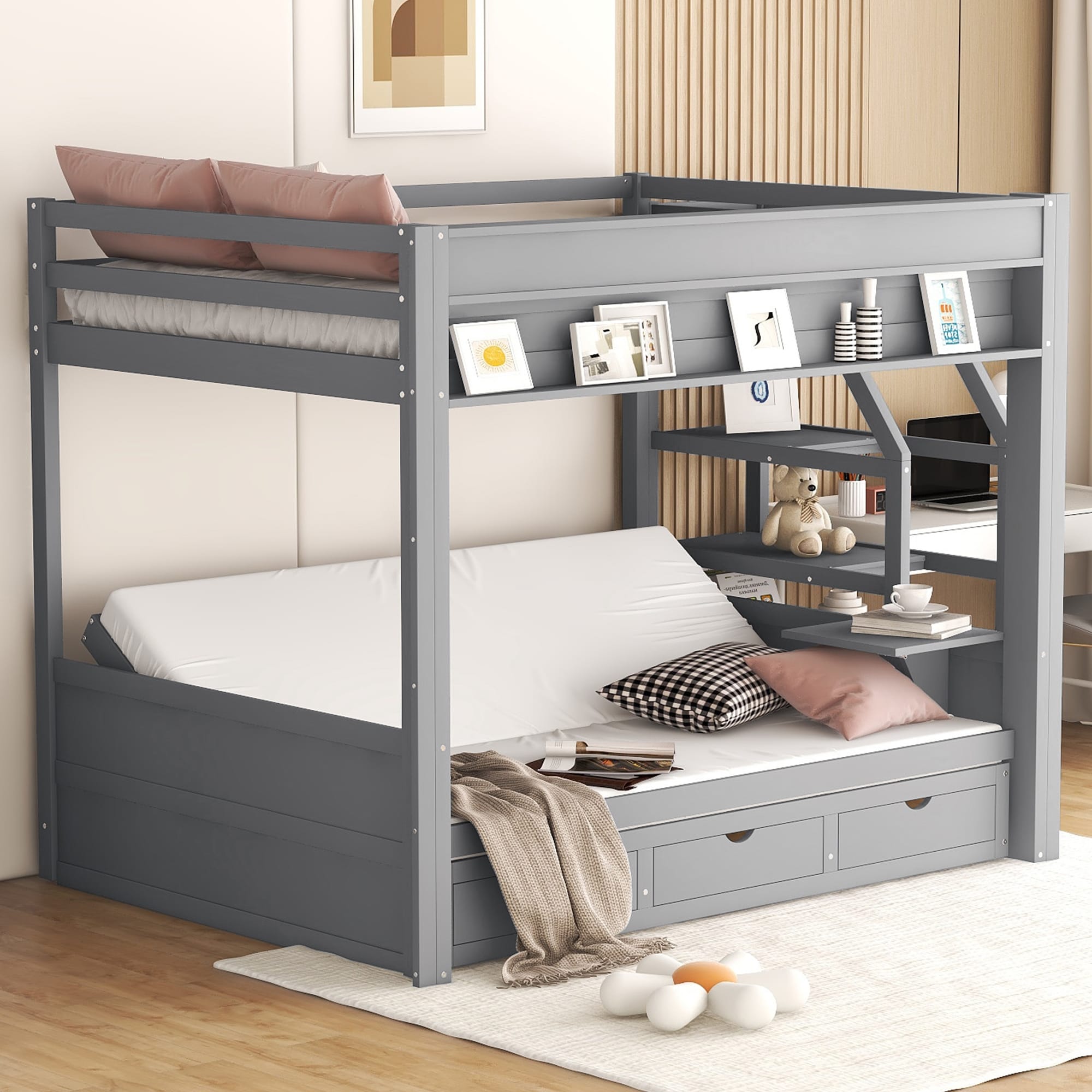 Roomfitters Full Size Convertible Bunk Bed With Storage Staircase And Bedside Table Gray