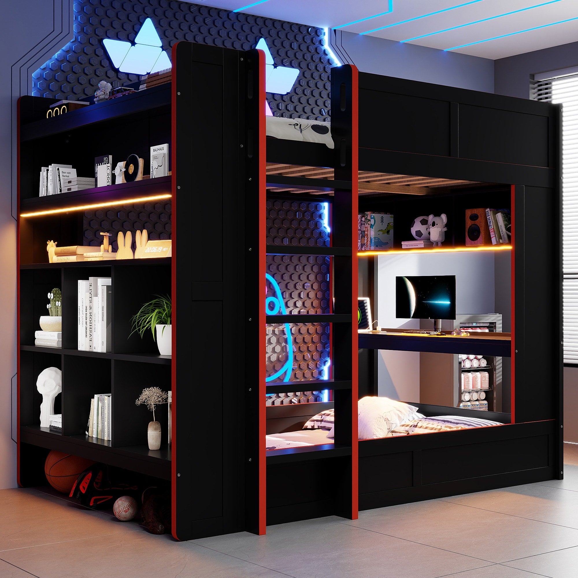 Roomfitters Full Size Gaming Bunk Bed With Desk Storage Shelves Led And Charging Station Black