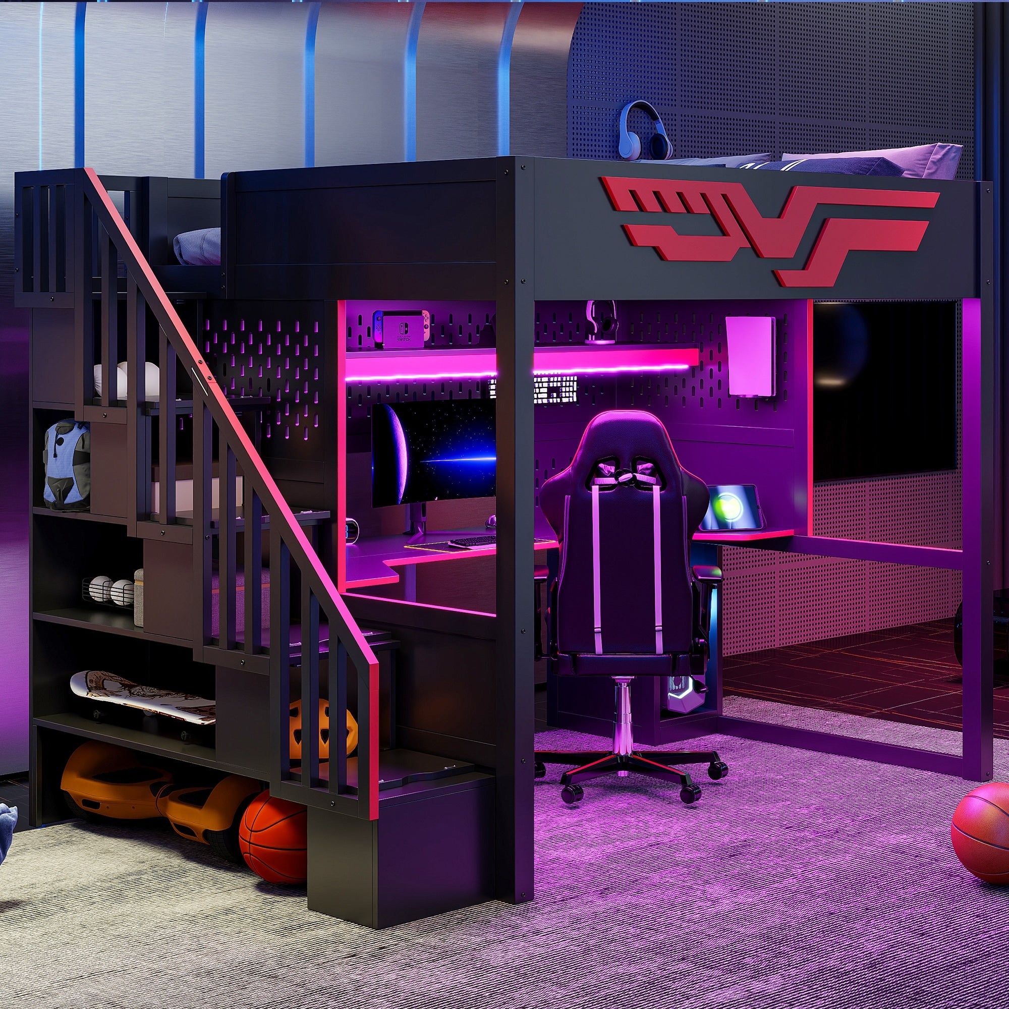 Roomfitters Full Size Gaming Loft Bed With Integrated Desk And Storage Stairs Heavy Duty Metal Frame Red And Black