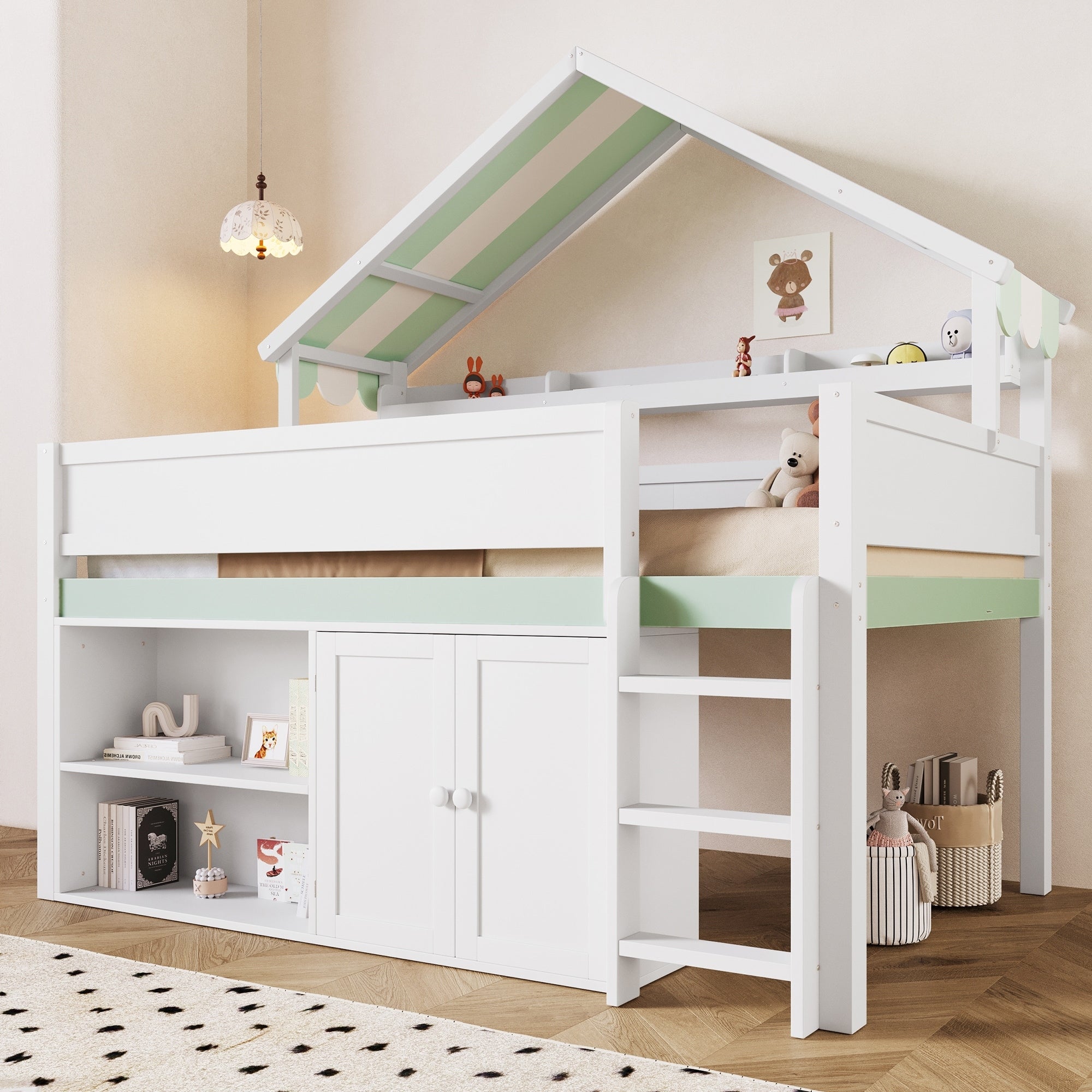 Roomfitters Full Size Loft Bed With House Canopy Roof And Storage Cabinet