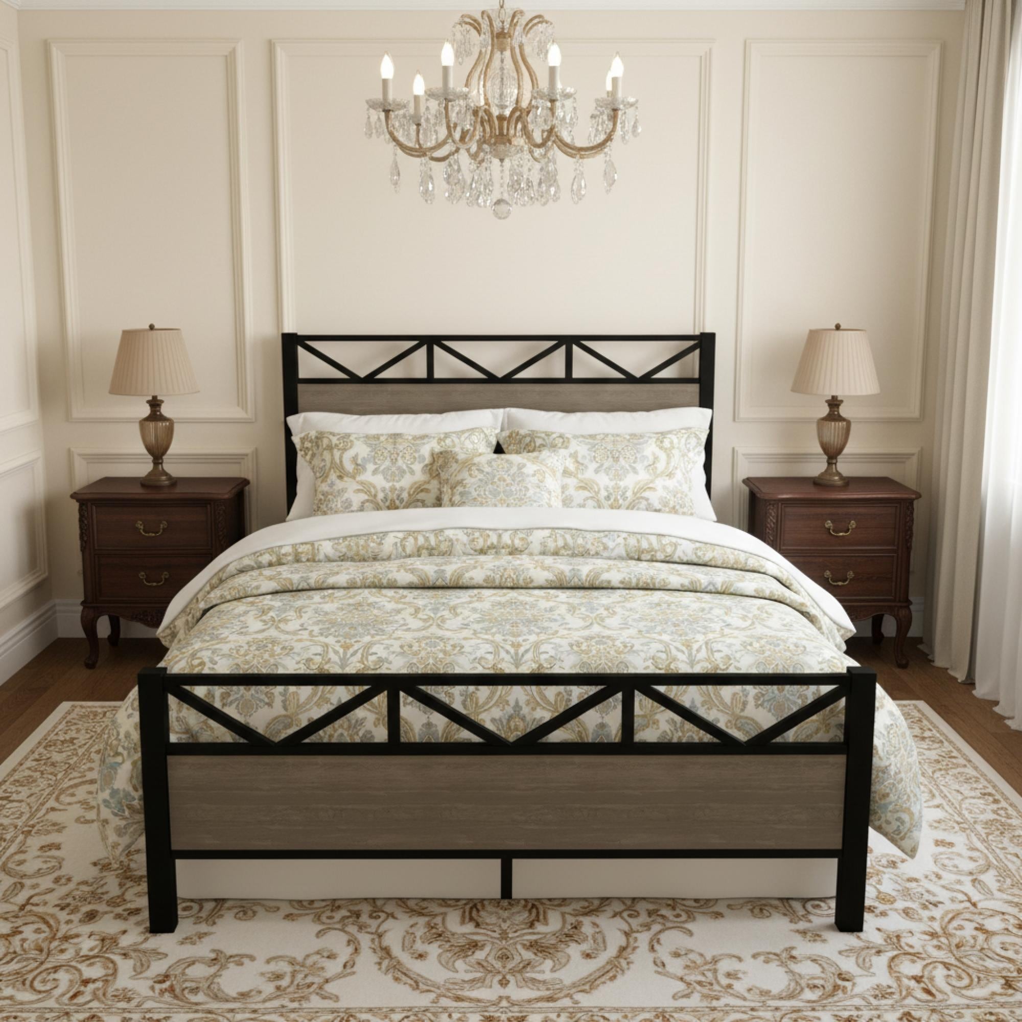 Roomfitters Full Size Metal Bed Frame With Wood Headboard Industrial Platform Bed Mattress Base No Box Spring Black Brown
