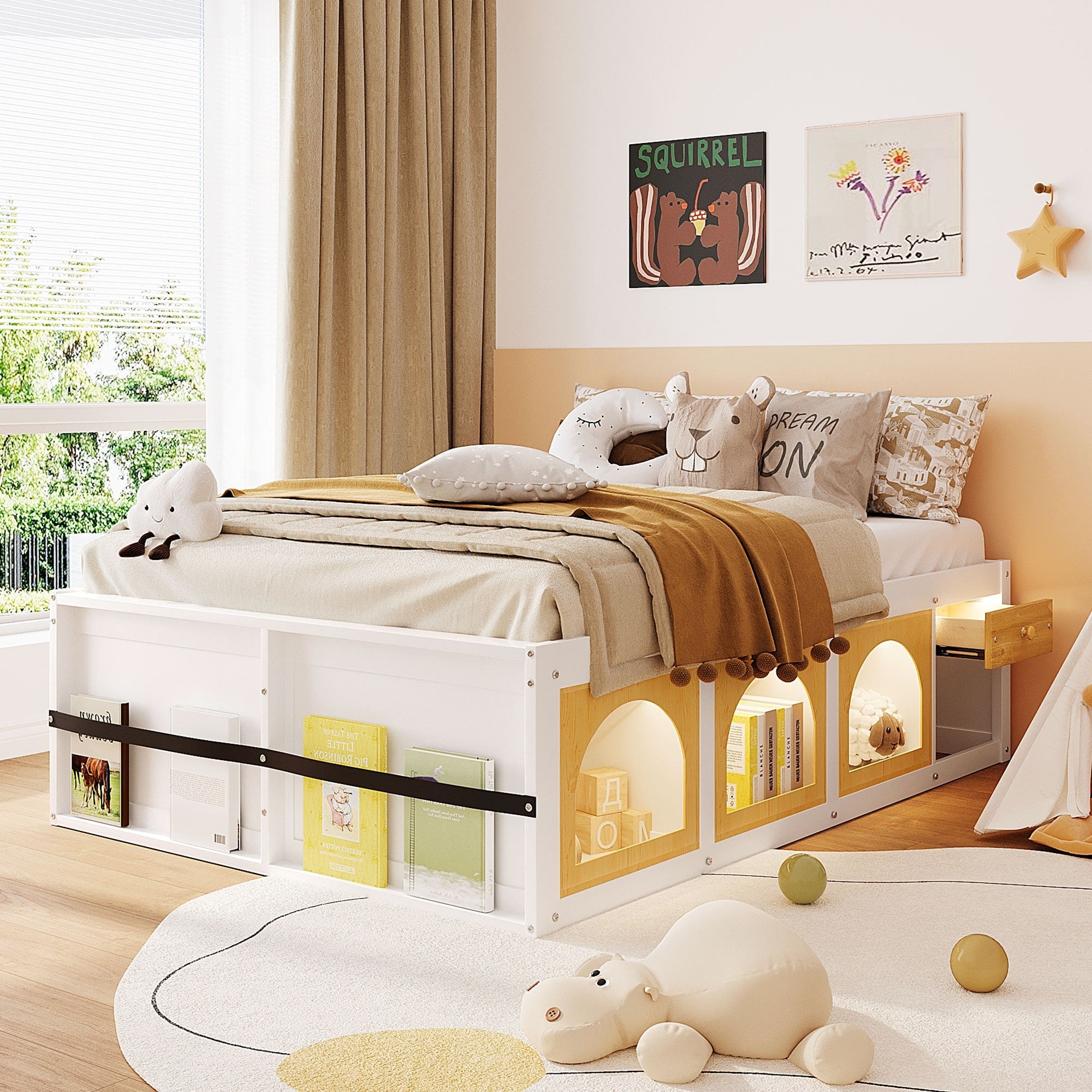 Roomfitters Full Size Platform Bed With Bookshelf Modern Wood Display Cabinet Bed Frame With Led Lights