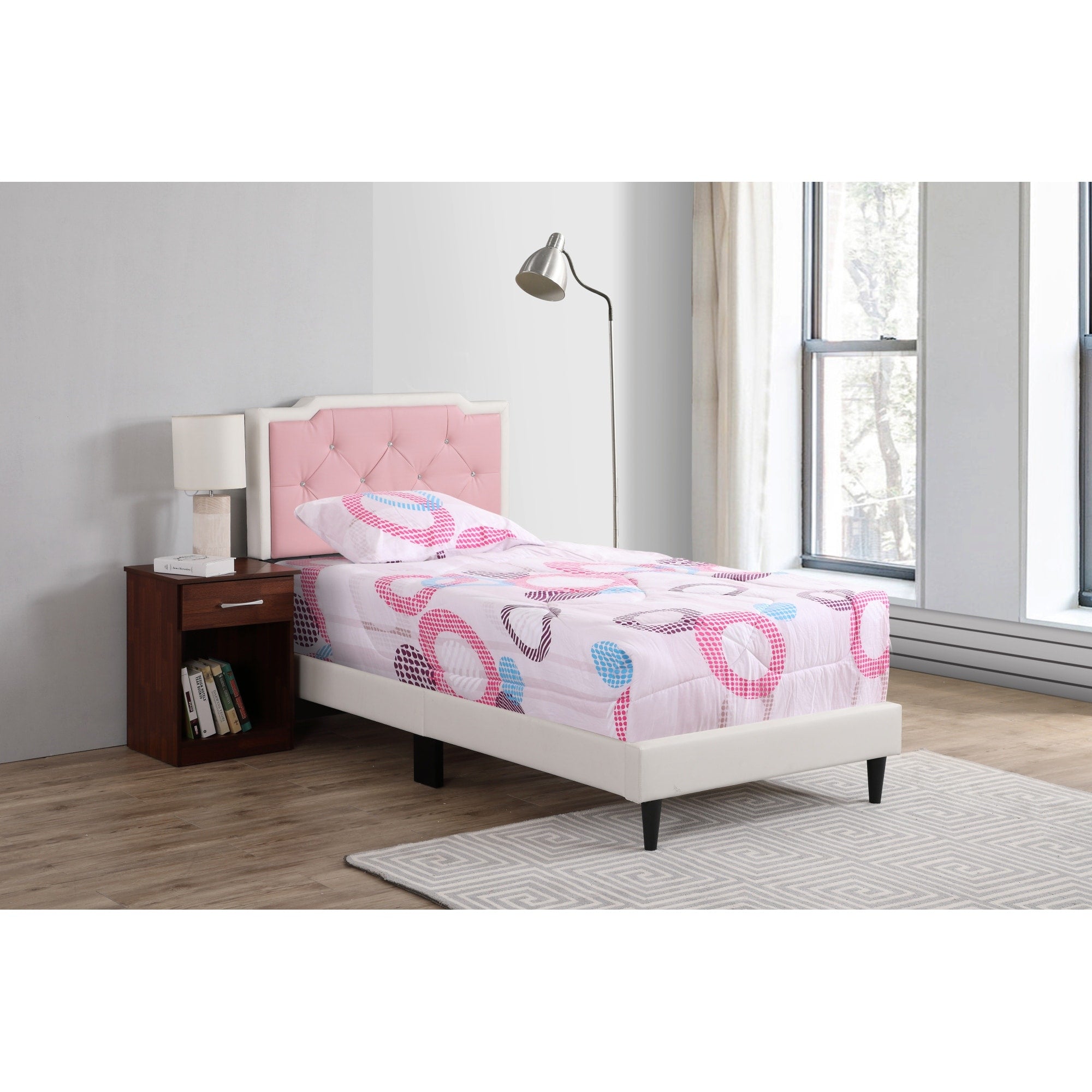 Roomfitters Full Size Upholstered Platform Bed Frame With Pink Diamond Pattern Headboard No Box Spring Needed