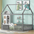 Roomfitters Full Size Wood House Bed With Fence Guardrails And Door Distressed Gray