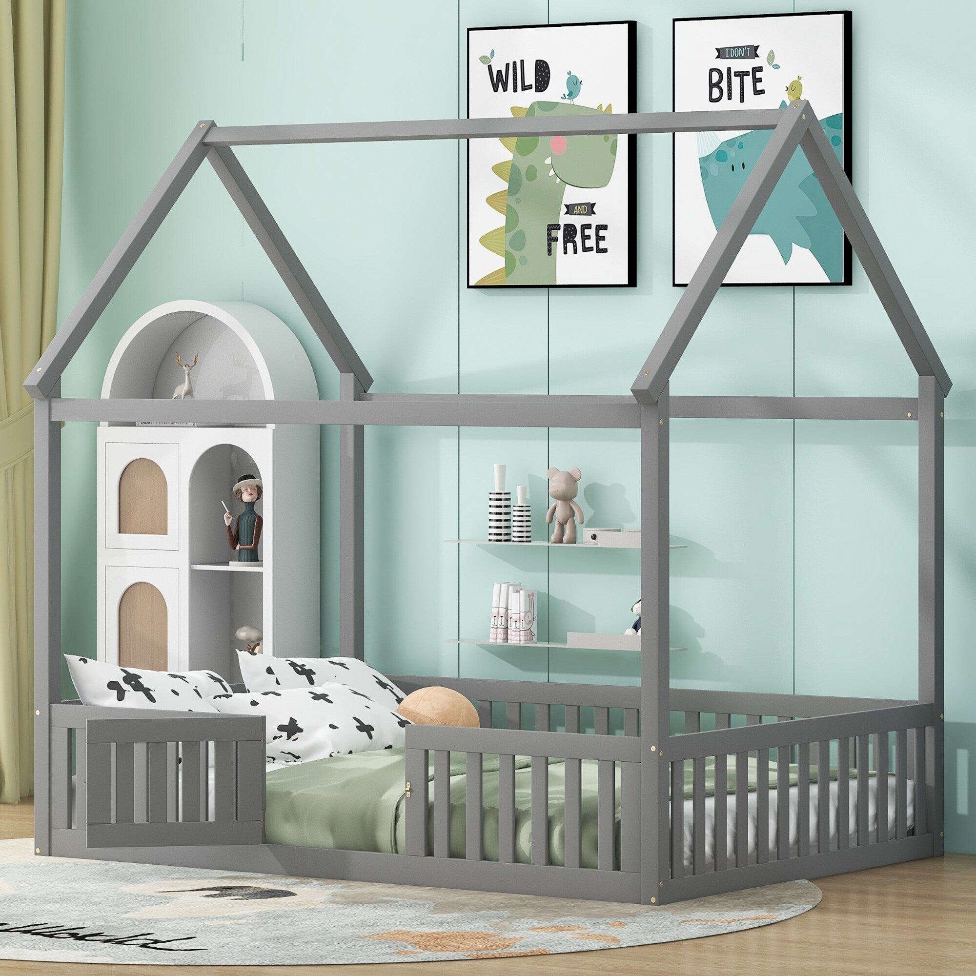 Roomfitters Full Size Wood House Bed With Fence Guardrails And Door Distressed Gray