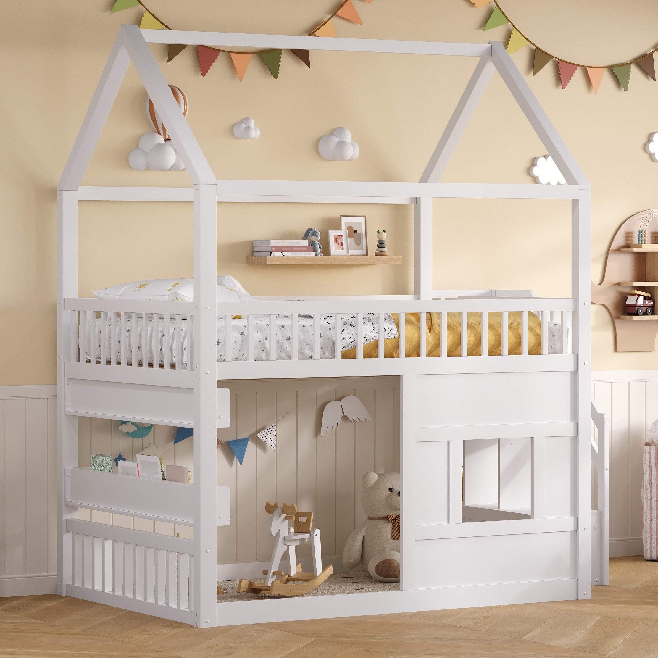 Roomfitters Full Size Wood House Loft Bed With Storage Stairs And Built In Shelving Modern Space Saving Sleep Space