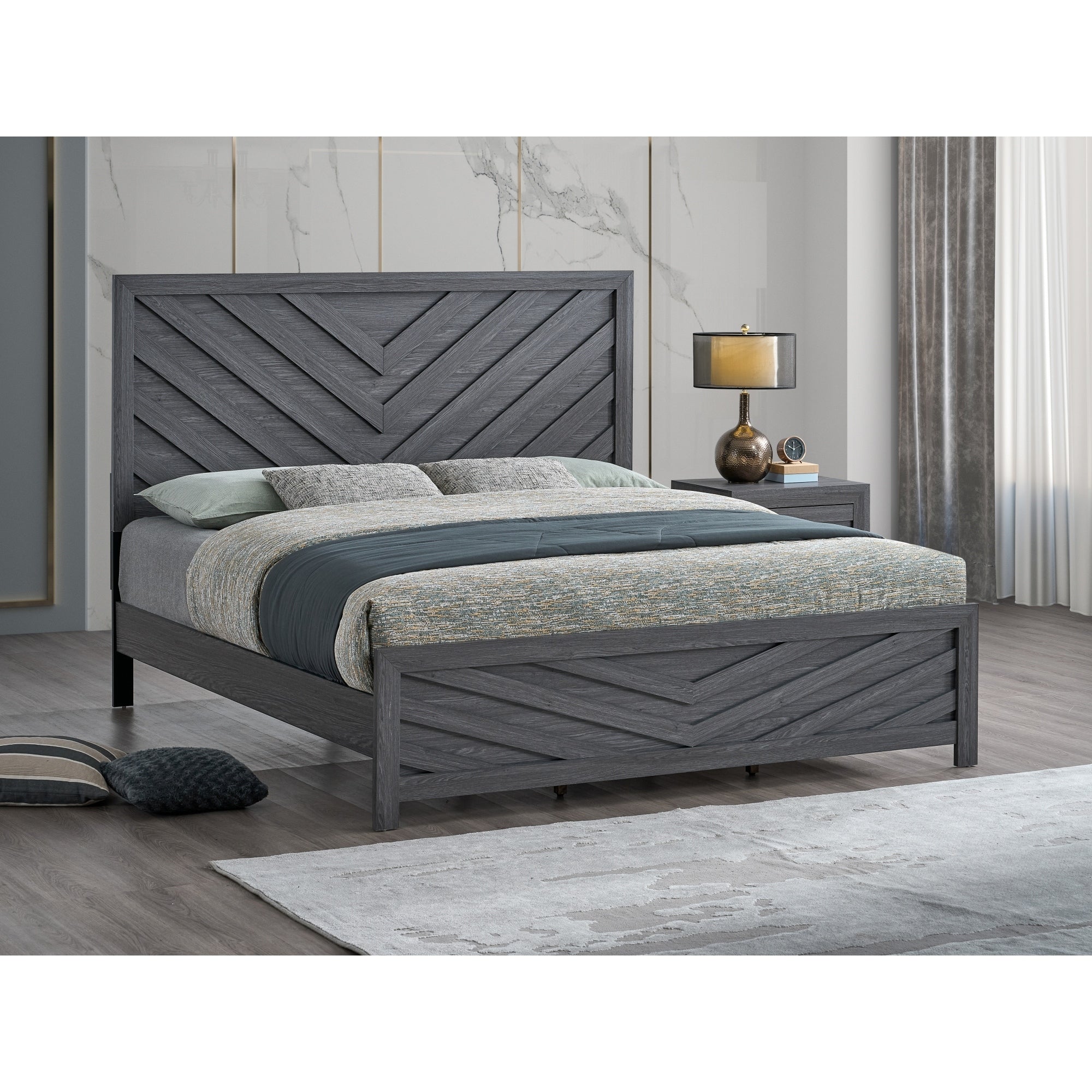 Roomfitters Full Size Wood Platform Bed Frame With Chevron V Pattern Headboard And Footboard No Box Spring Required Grey