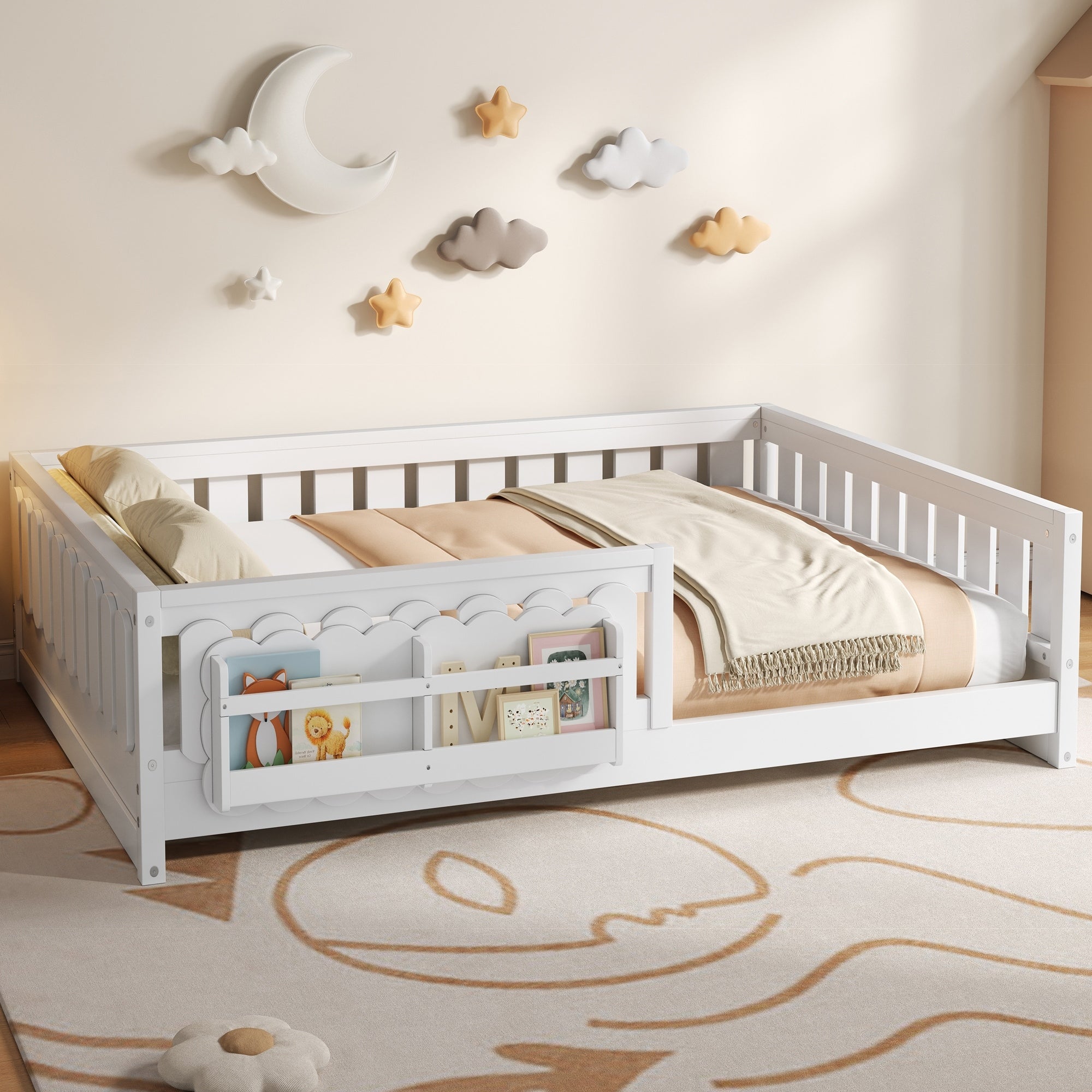 Roomfitters Full Size Wood Platform Bed With Guardrail And 2 Bookshelves