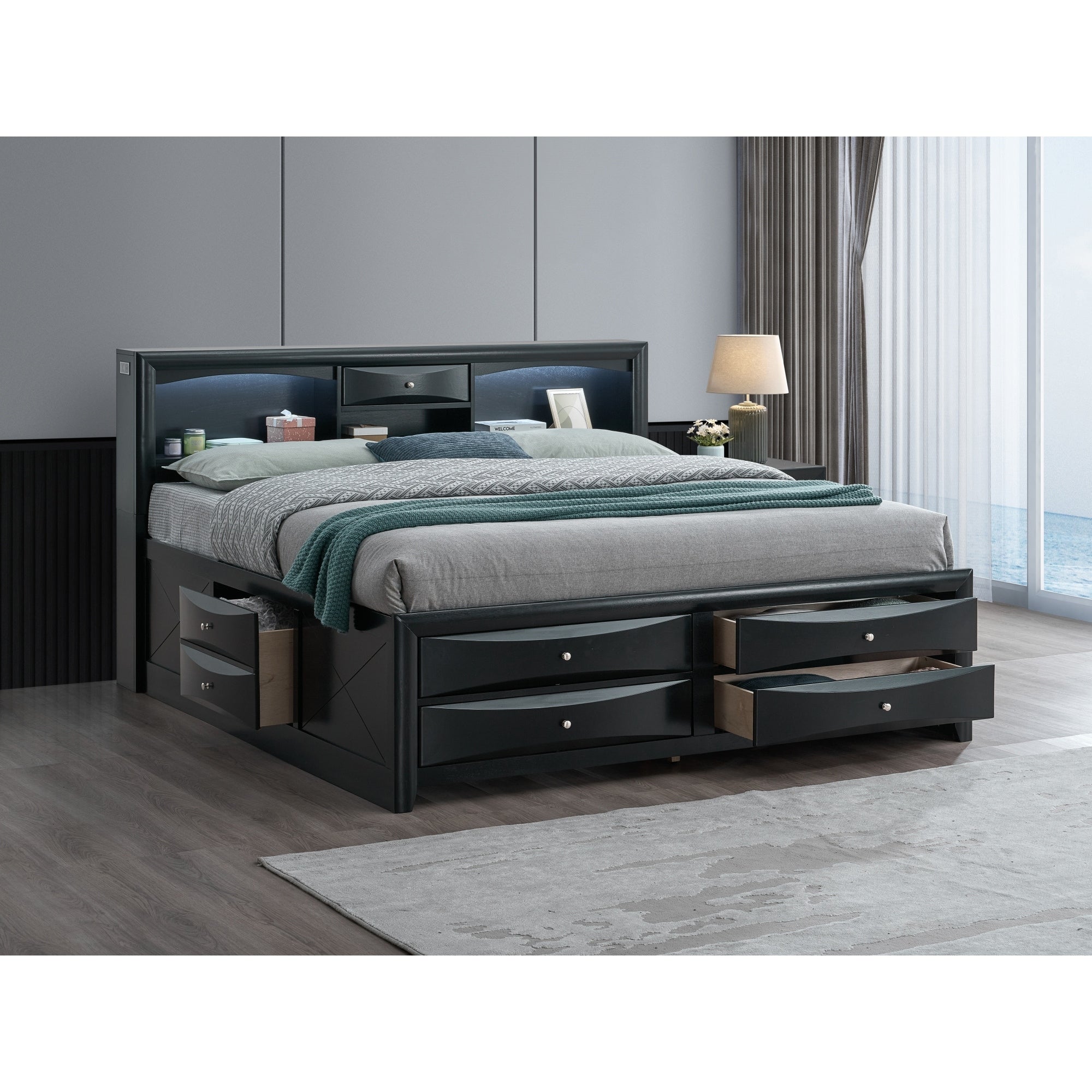 Roomfitters Full Size Wood Platform Storage Bed With Bookcase Led Headboard And Multiple Drawers No Box Spring Needed Black
