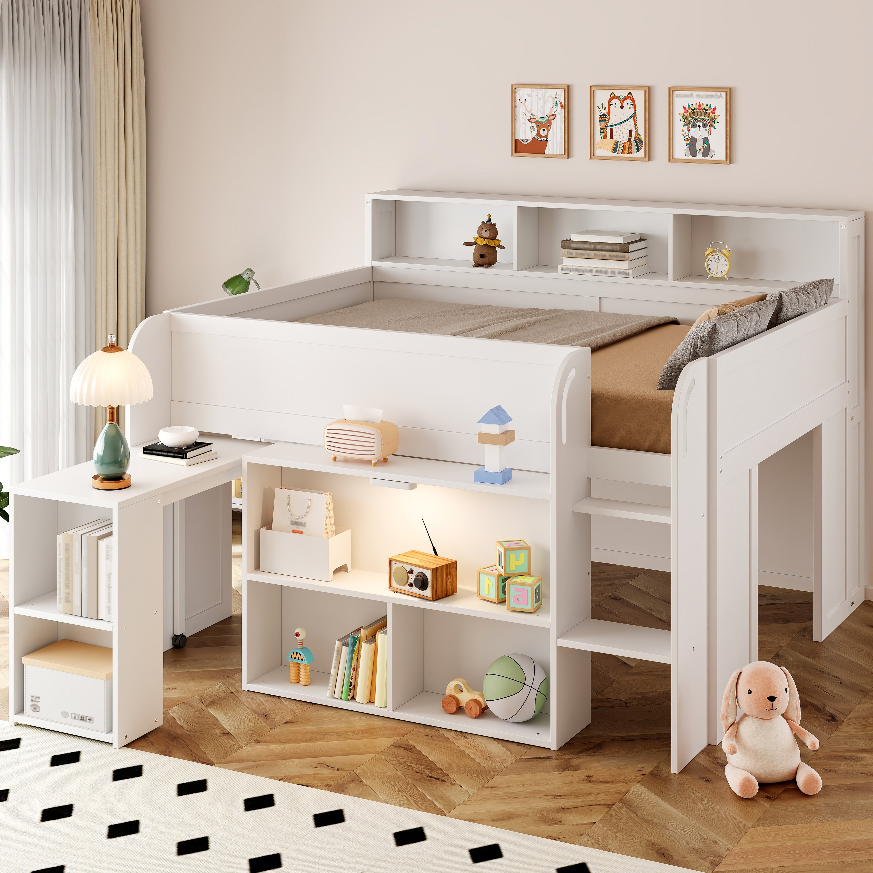 Roomfitters Full Size Wooden Loft Platform Bed With Roll Out Desk And Storage Bookcase Shelves For Bedroom