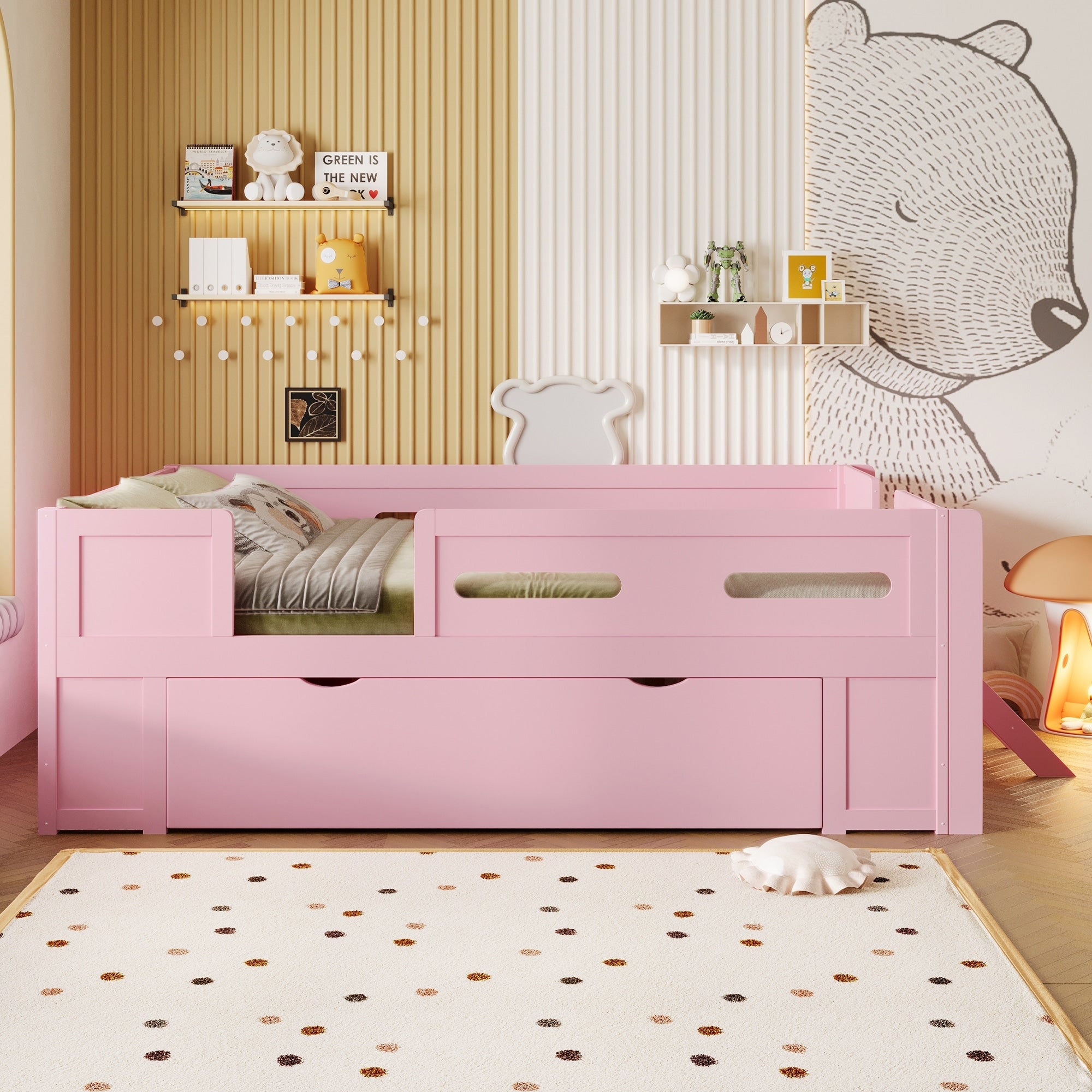 Roomfitters Full Twin Size Wood Platform Bed With Underbed Storage Drawer And Safety Guardrails Modern Low Loft Frame