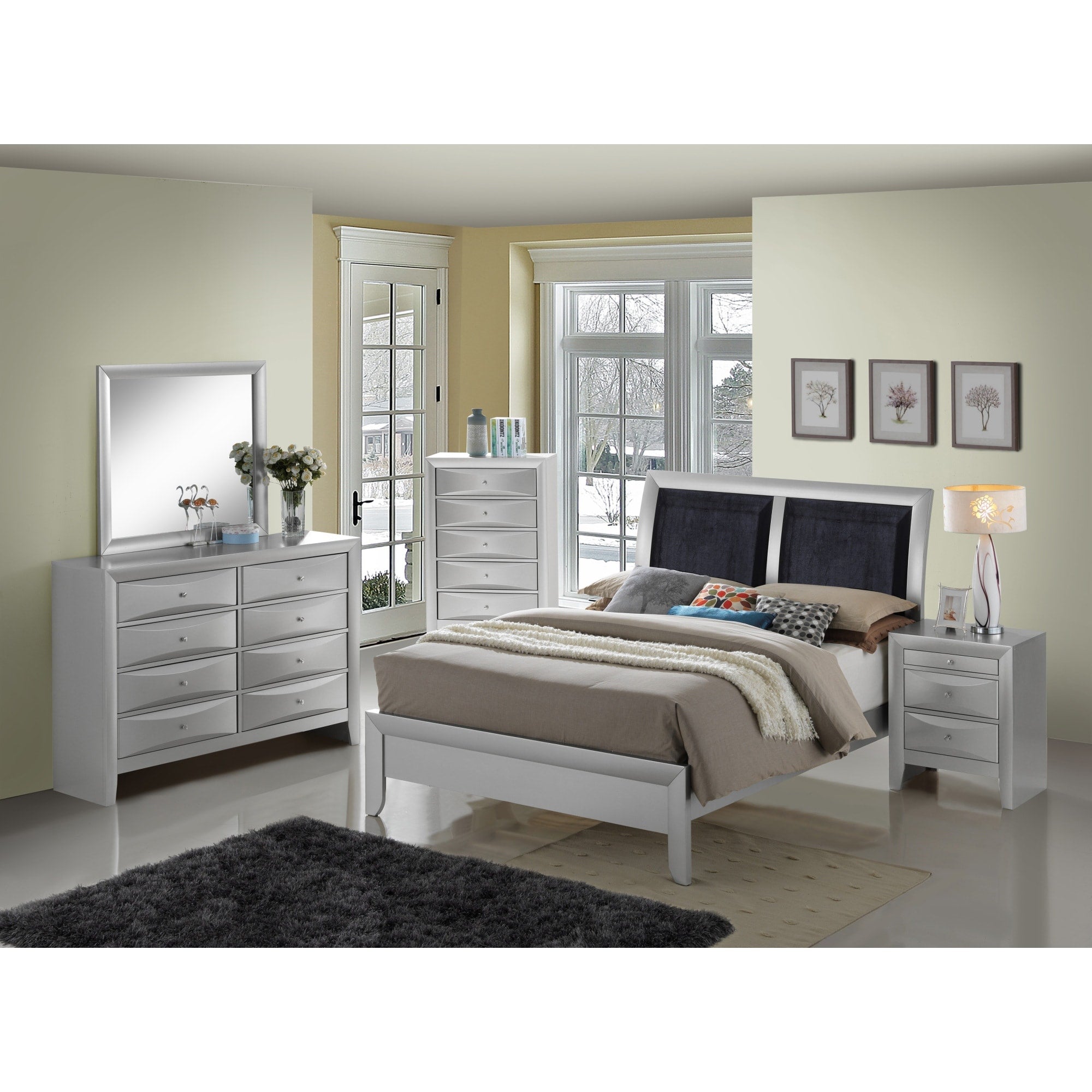 Roomfitters Full Upholstered Platform Bed Frame With Padded Rectangular Headboard No Box Spring Needed Silver Champagne
