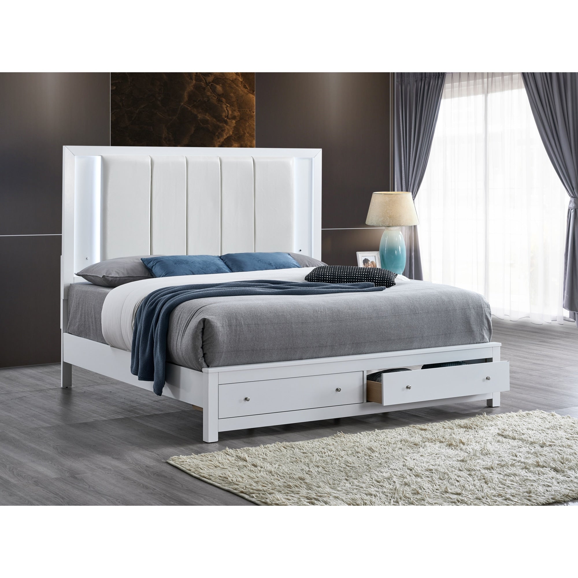 Roomfitters Full Upholstered Storage Bed Frame With Led Vertical Channel Headboard And Underbed Storage Drawers White